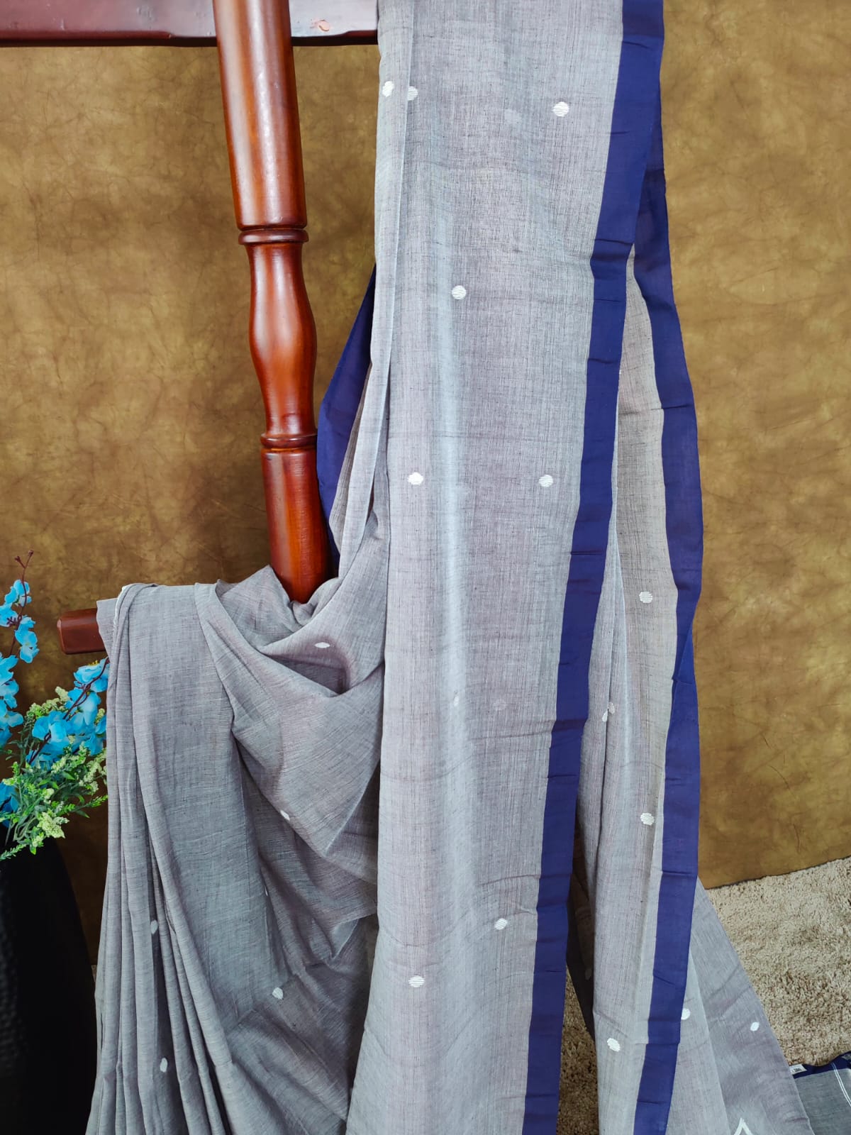 Grace in Grey: Handloom Cotton Saree with Blue Border & White Motifs