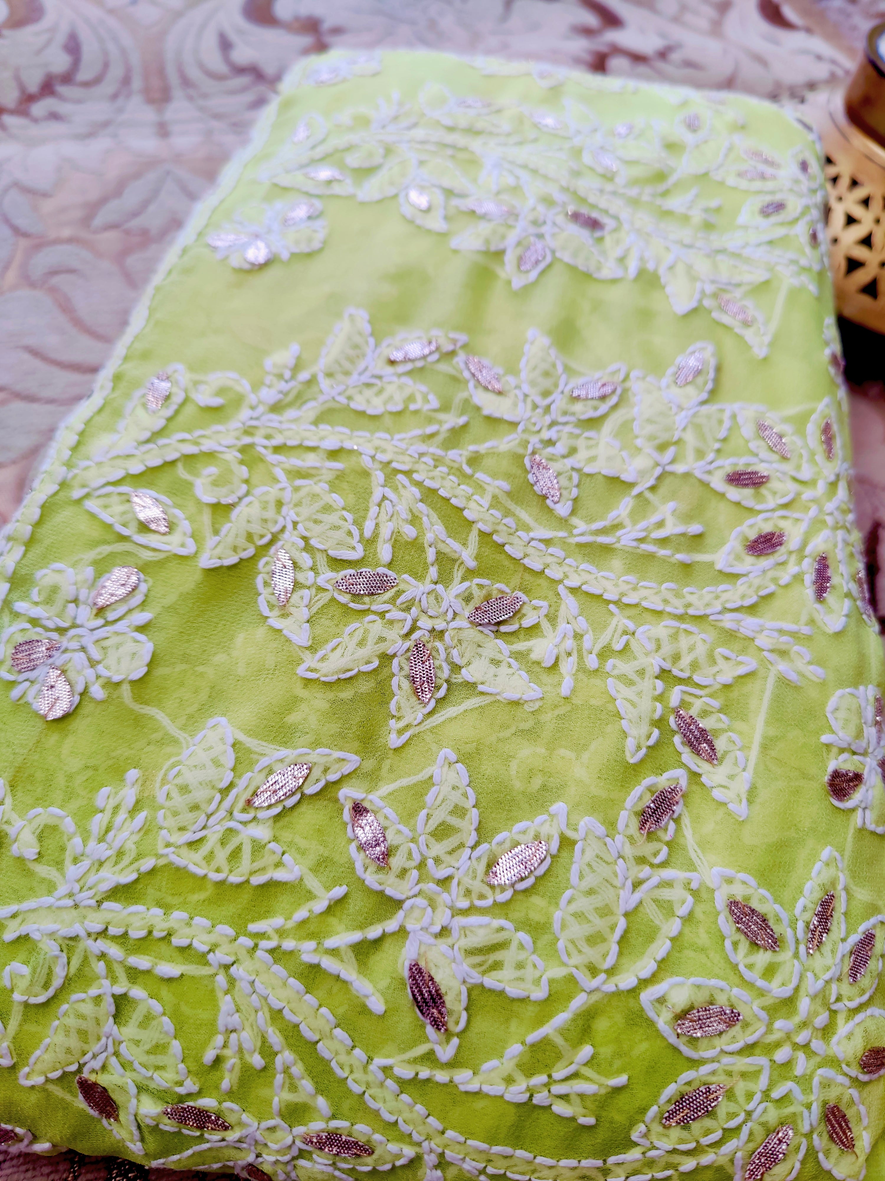 Pastel Green Chiffon Lucknowi Chikankari Saree with Full Jaal & Gota Patti Detailing