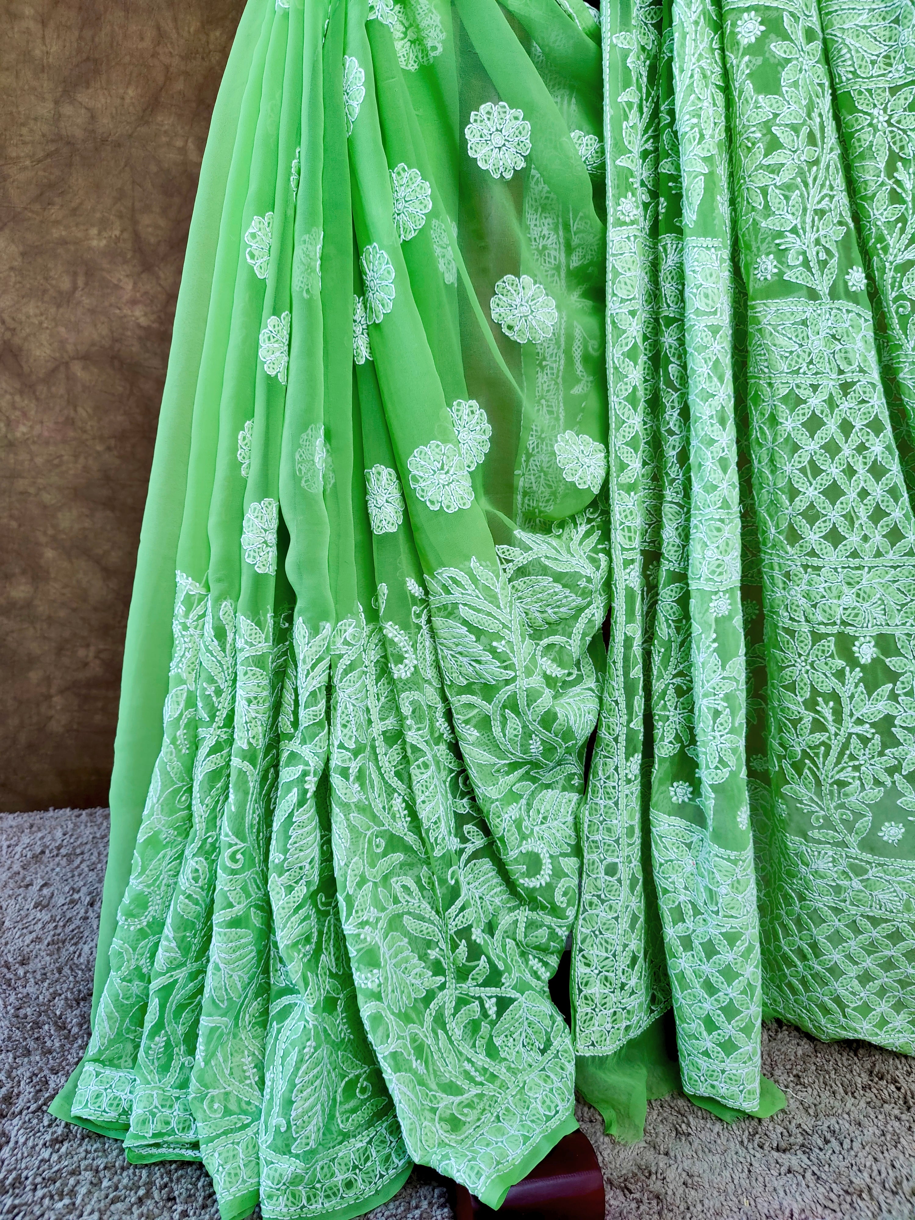 Light Green Chiffon Chikankari Saree