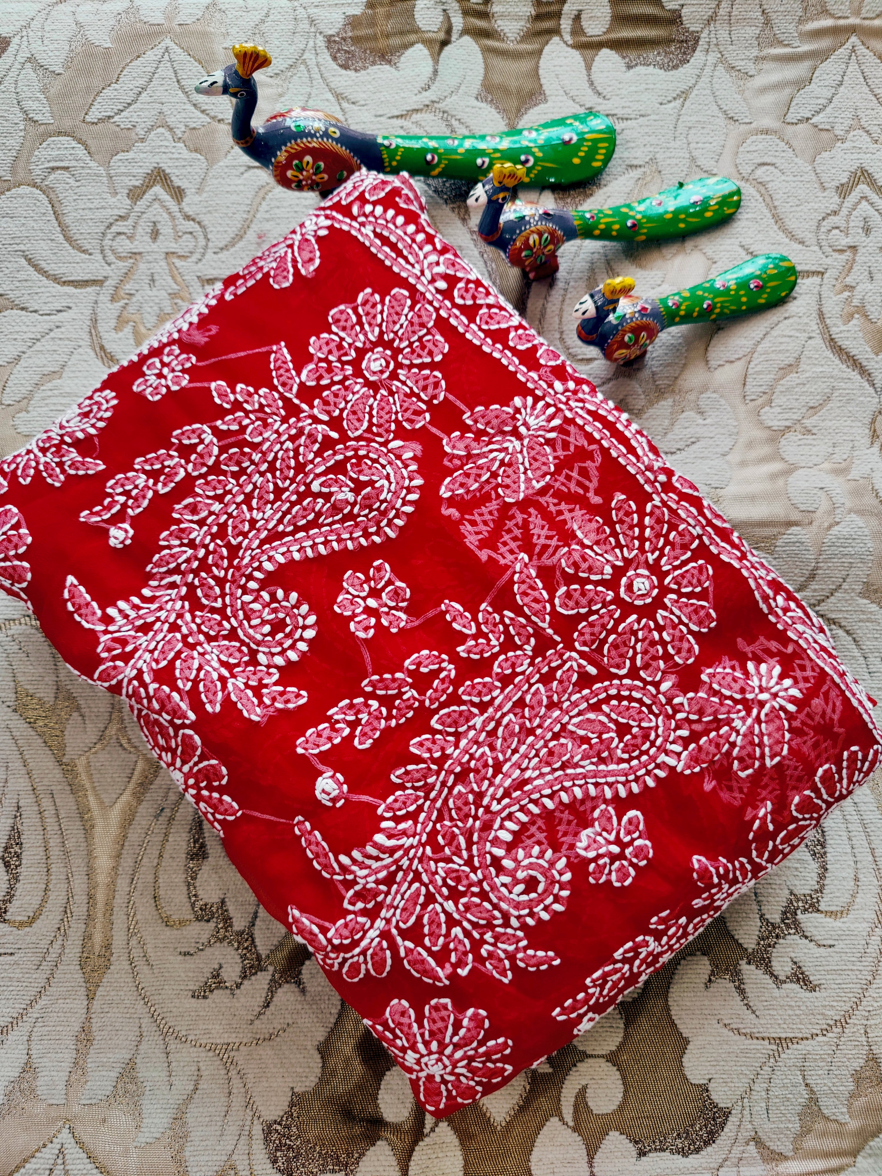 Elegant Red Chiffon Saree with White Thread Motifs – Perfect for Parties & Festivals