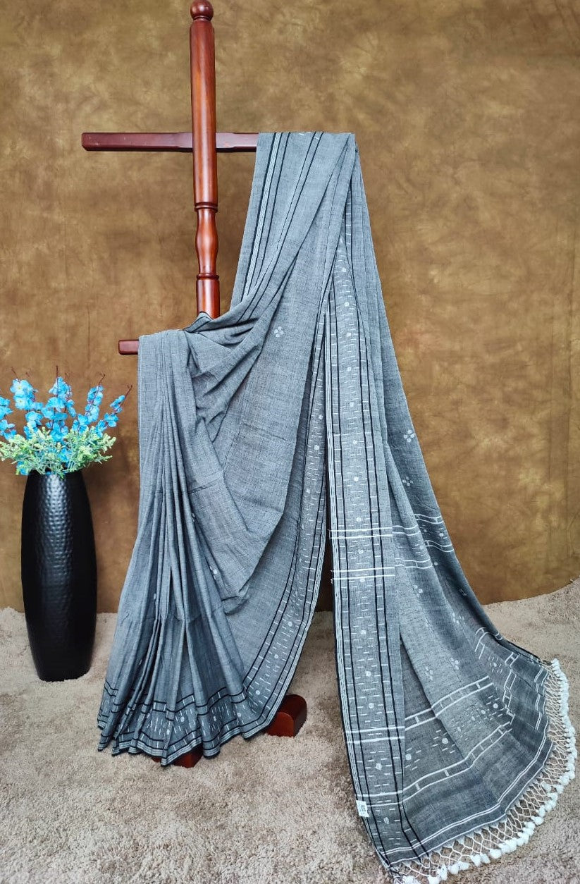 Grey cotton Jamdani saree with black border