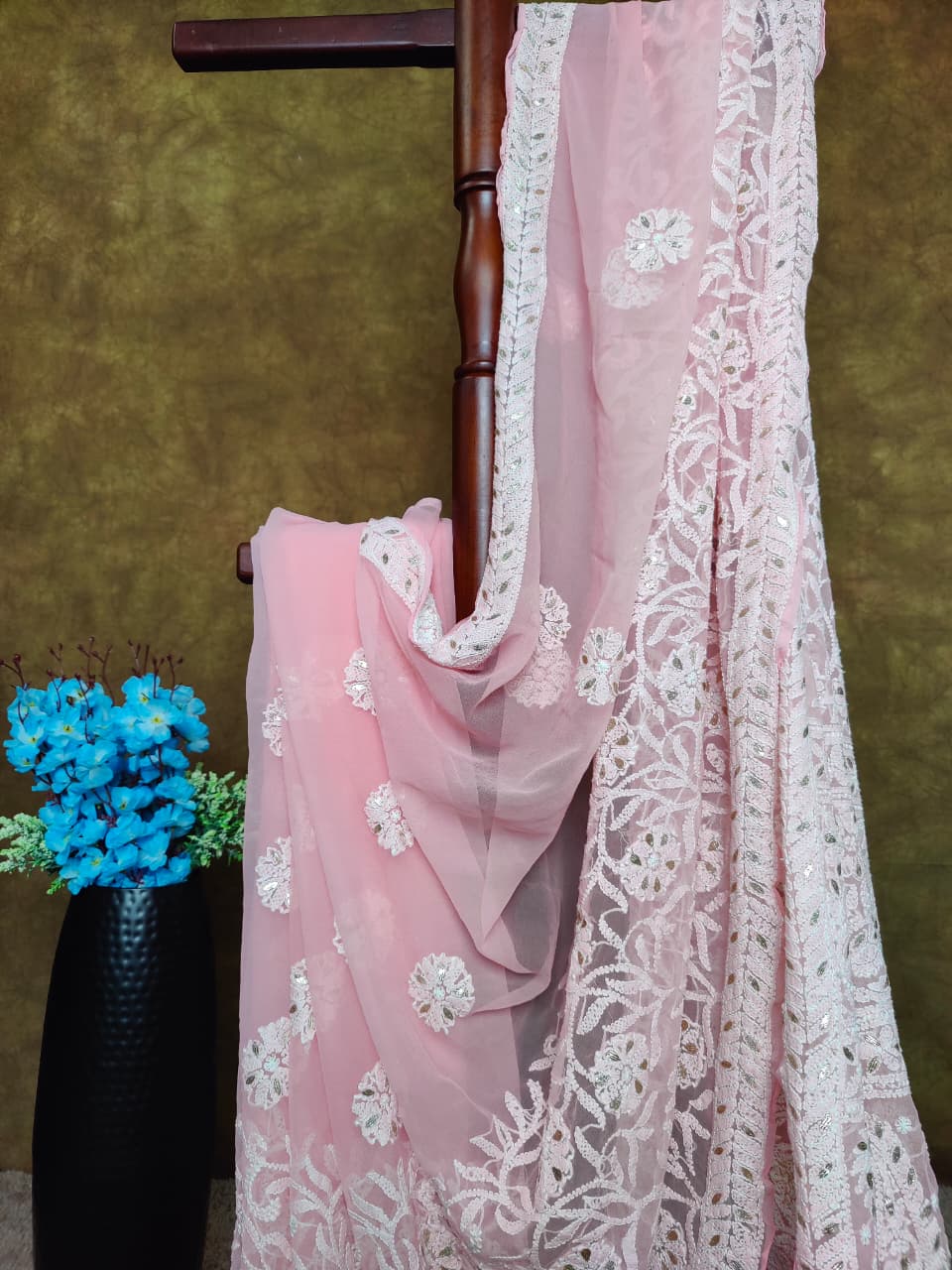 Baby Pink Chiffon Half Jaal Chikankari Saree with Gota-Patti work