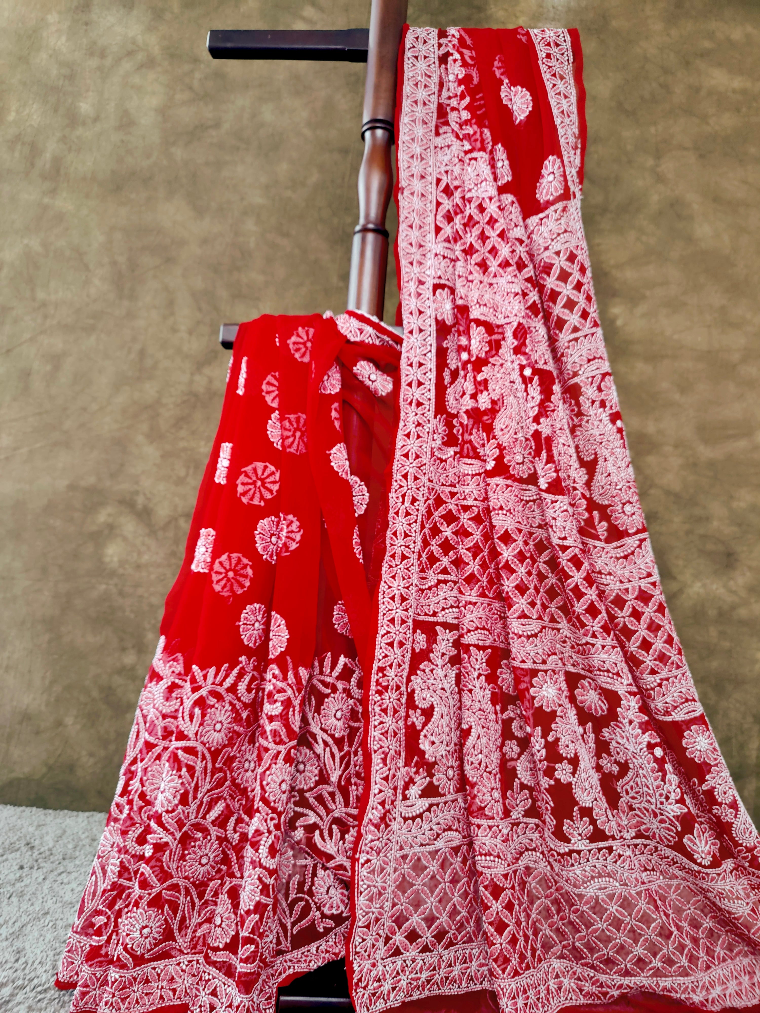 Elegant Red Chiffon Saree with White Thread Motifs – Perfect for Parties & Festivals