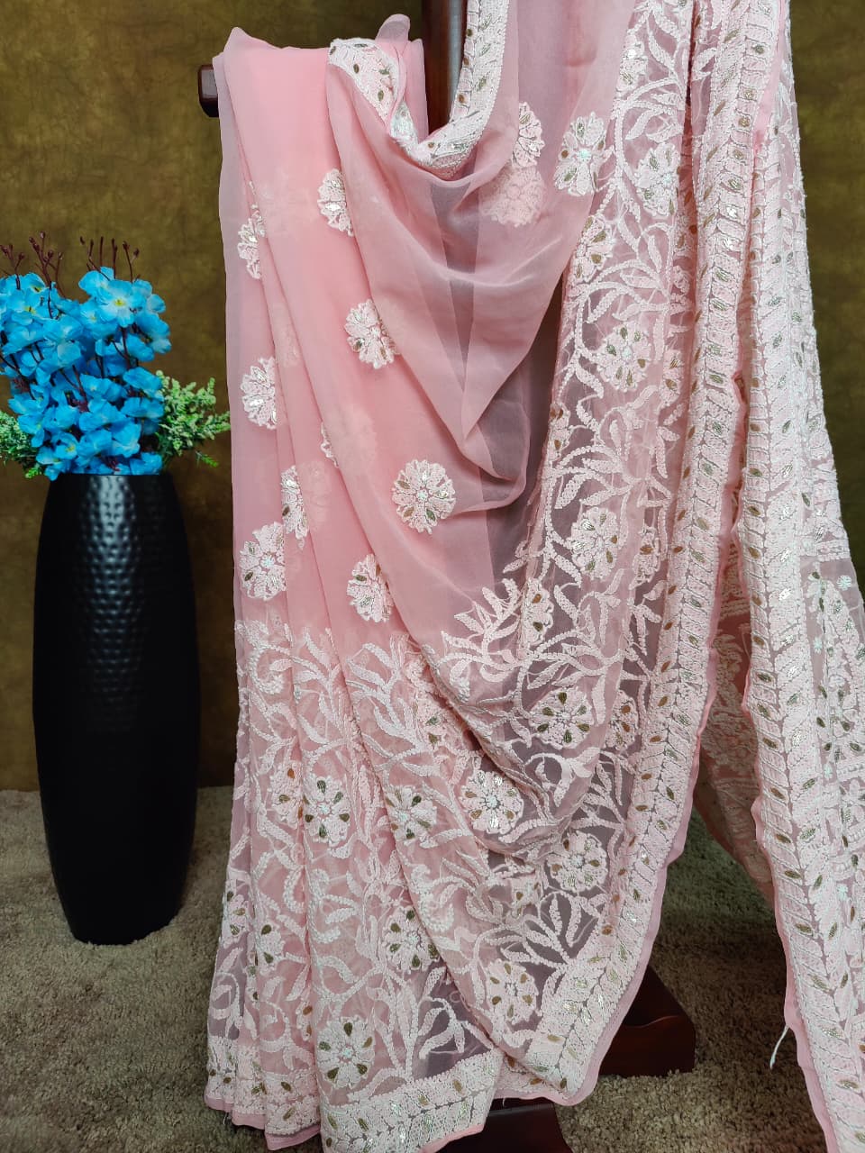 Baby Pink Chiffon Half Jaal Chikankari Saree with Gota-Patti work