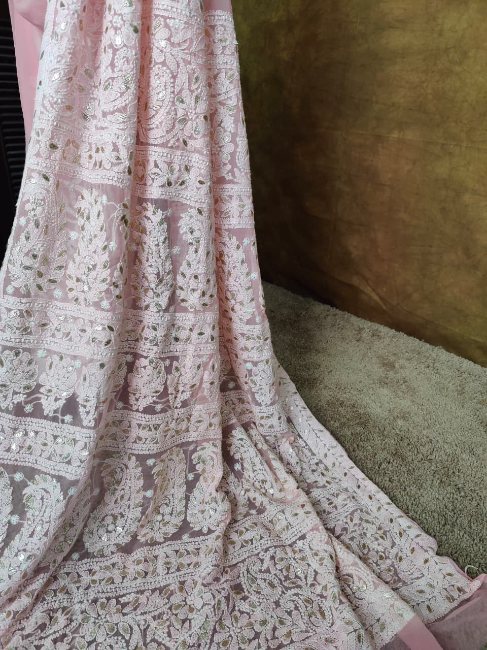Baby Pink Chiffon Half Jaal Chikankari Saree with Gota-Patti work