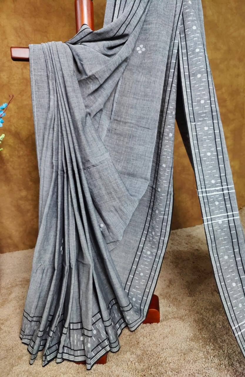 Grey cotton Jamdani saree with black border