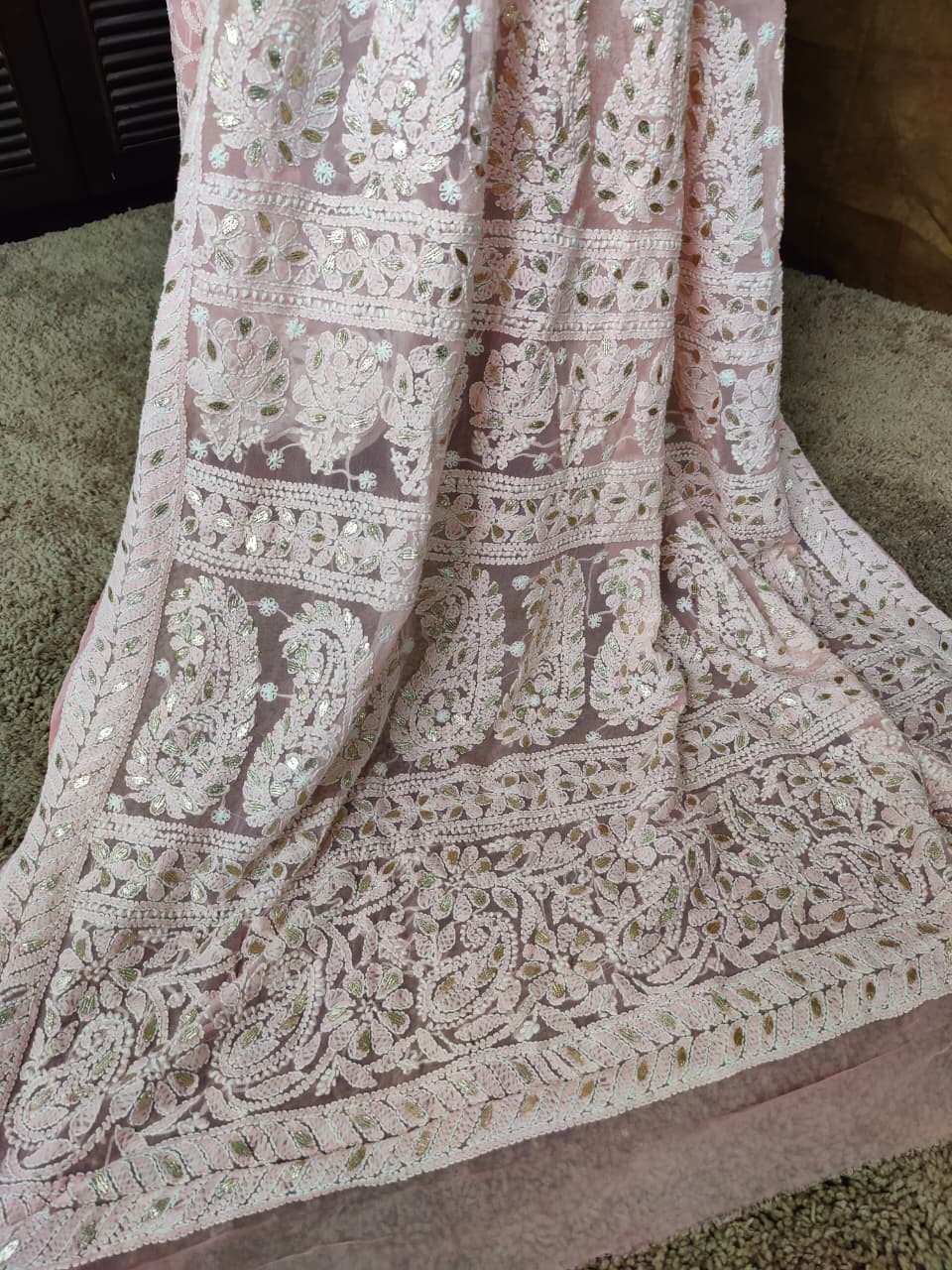 Baby Pink Chiffon Half Jaal Chikankari Saree with Gota-Patti work