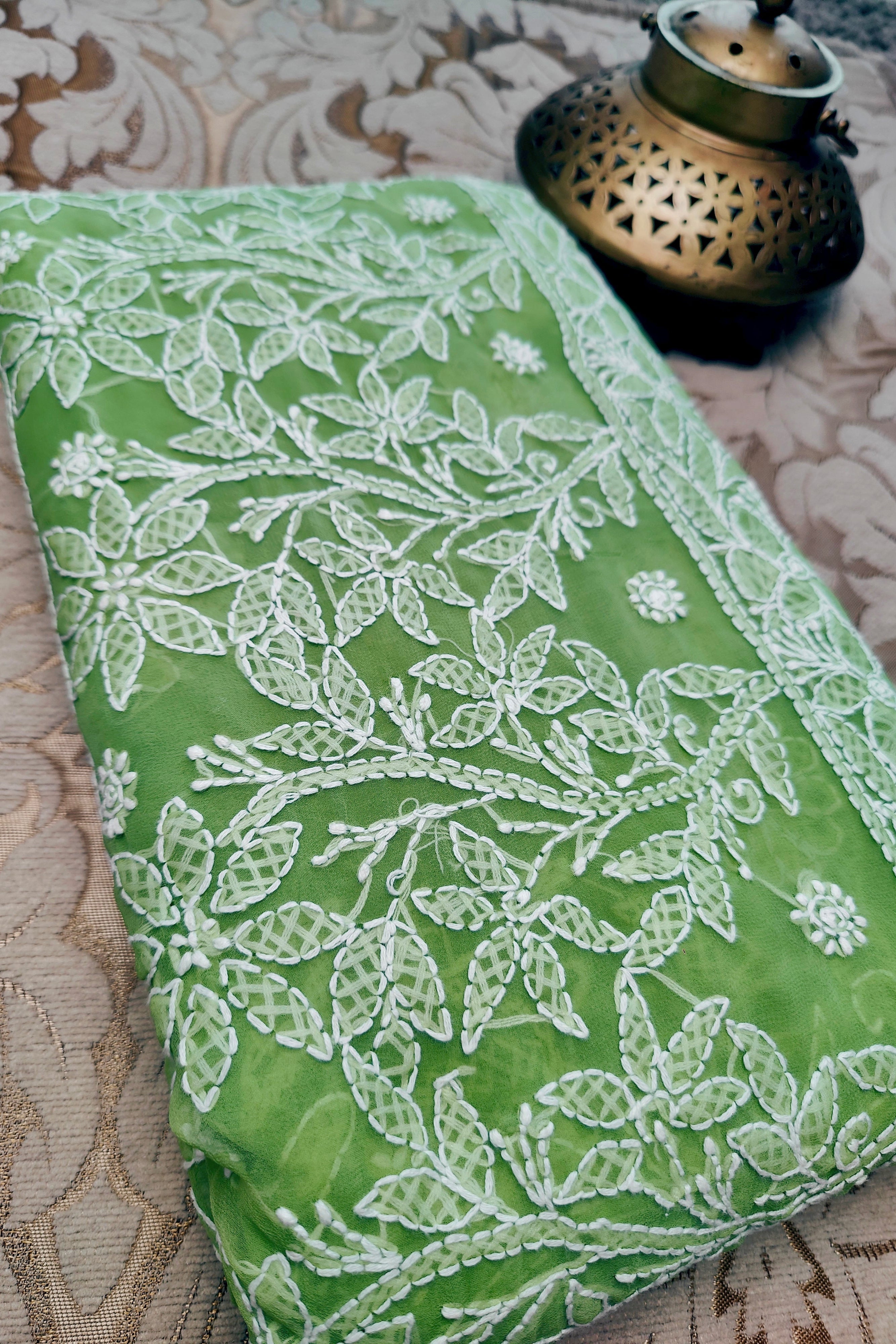 Light Green Chiffon Chikankari Saree