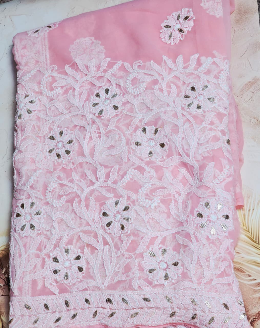 Pink Chikankari Saree - Folded