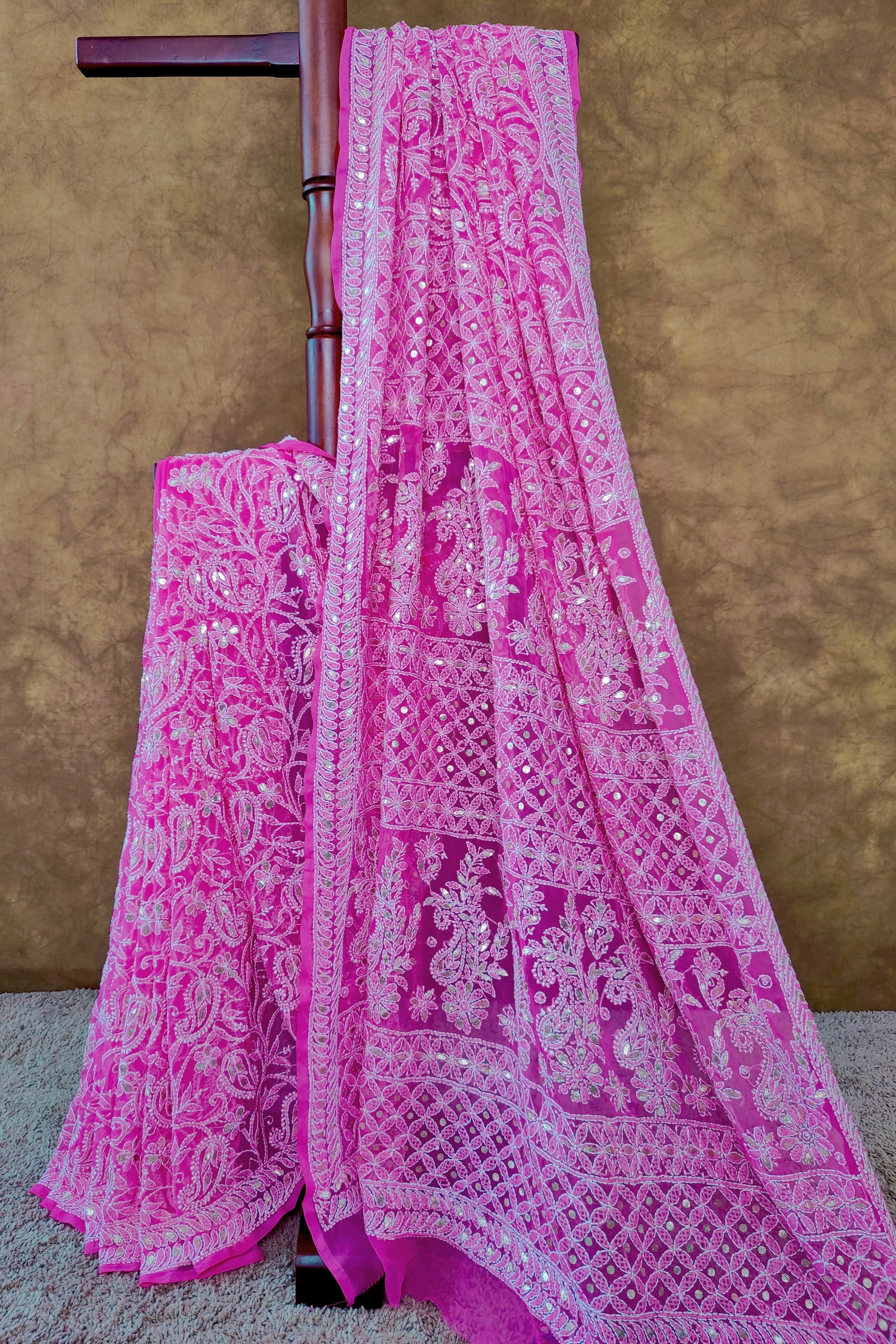 Pink Chiffon Lucknowi Chikankari Saree - Full Jaal with Gota Patti work