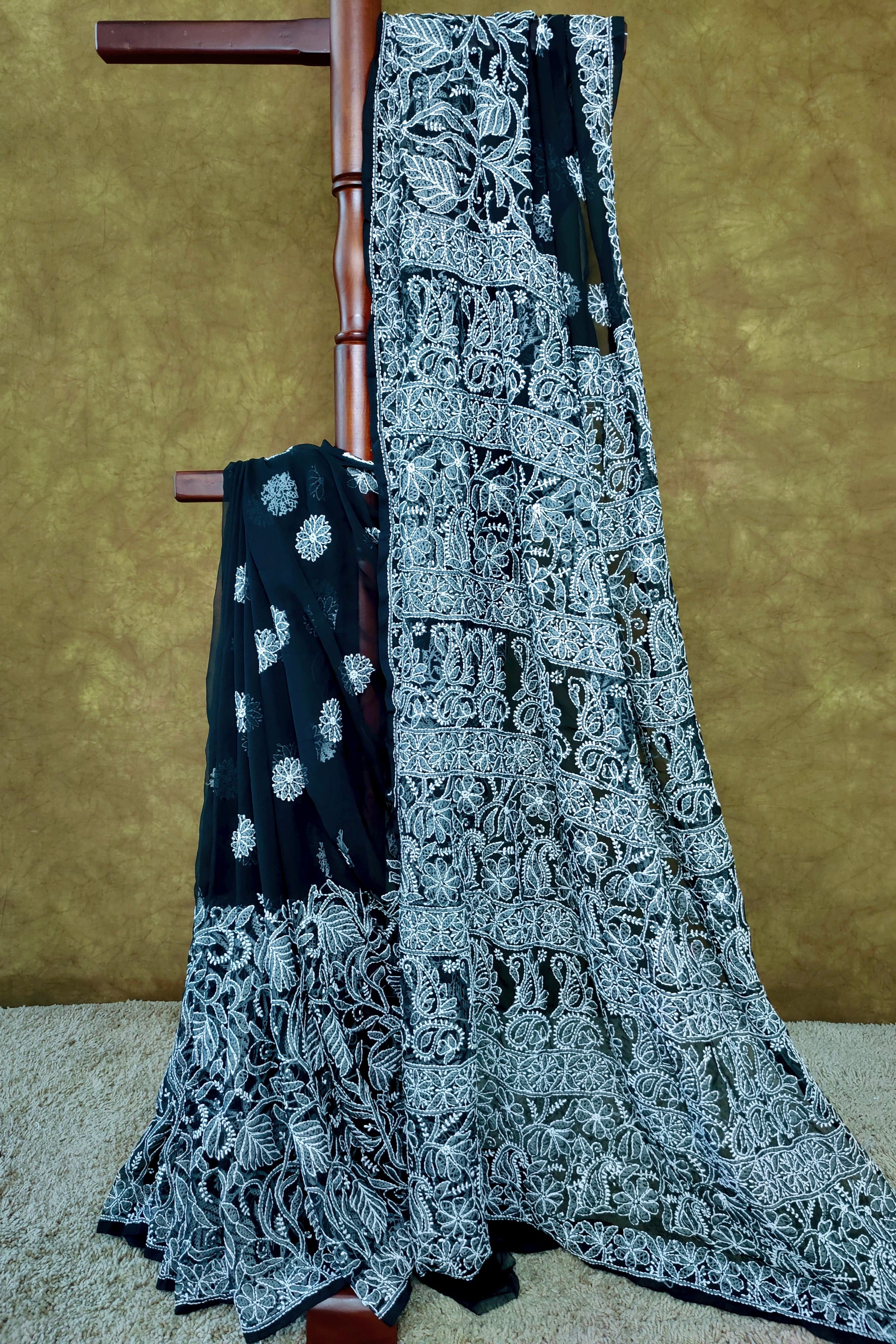 Black Chiffon Saree with White Chikankari Thread Work