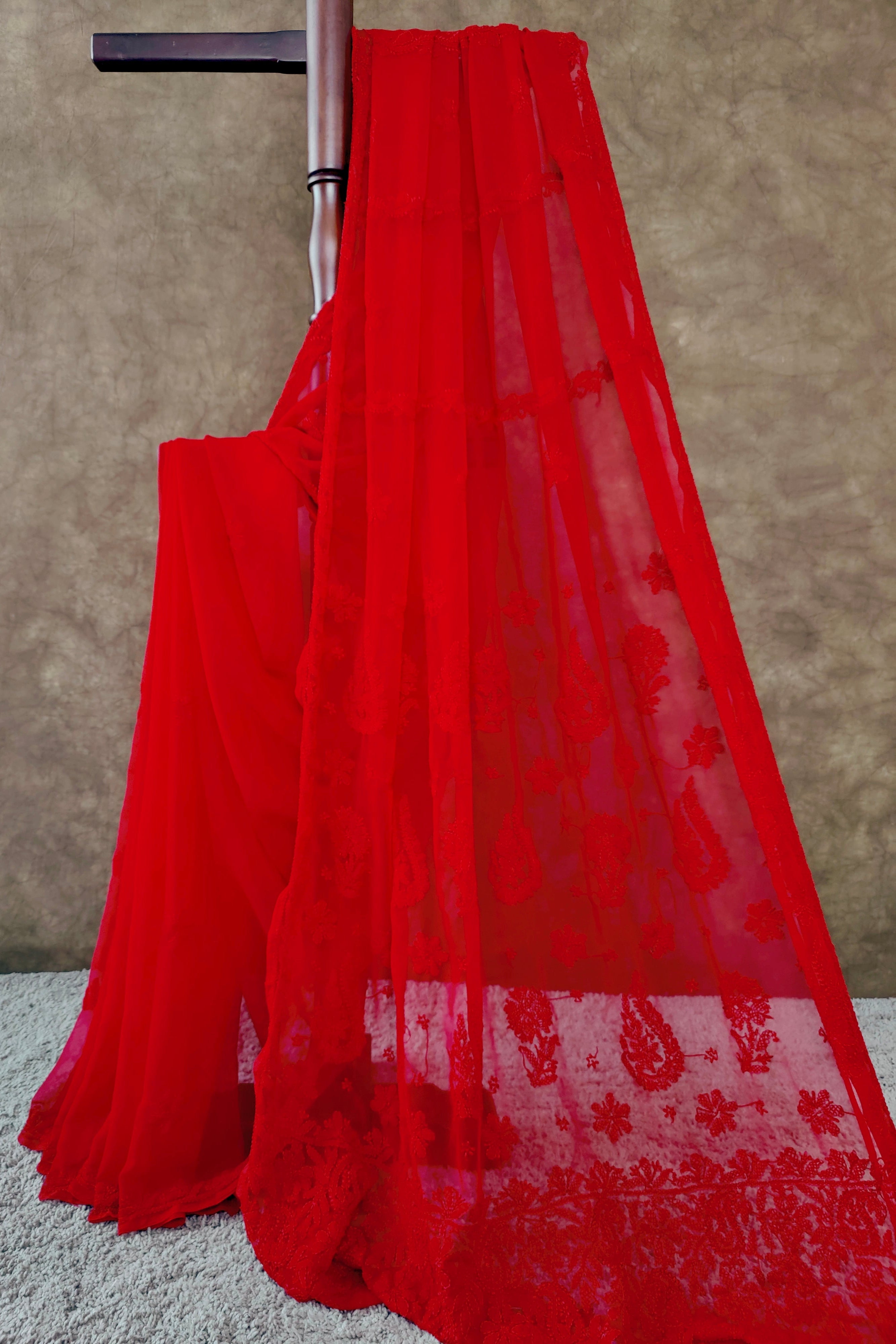 Red Chikankari Saree in Breezy Chiffon - Festive Vibes