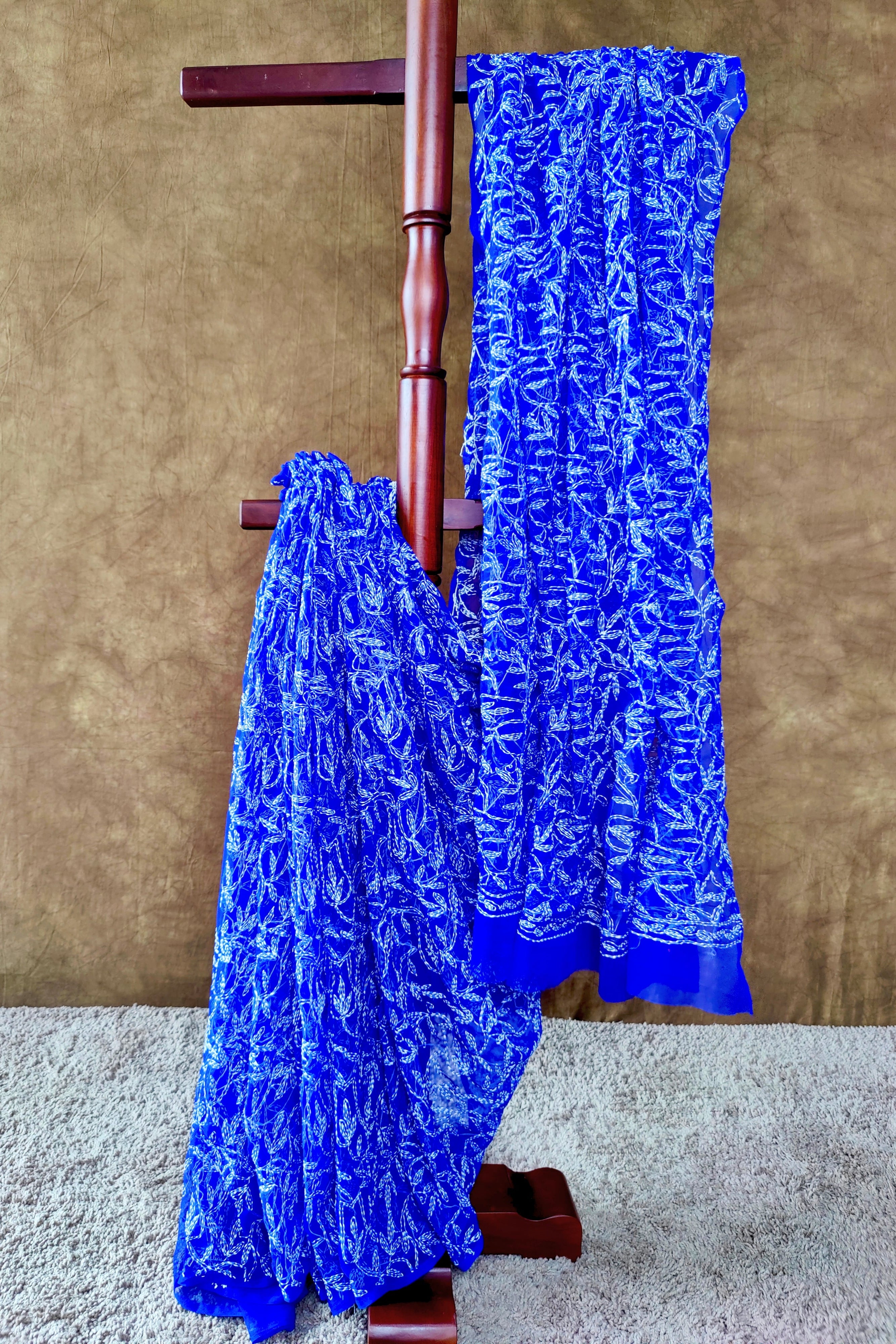 Dark Blue Chiffon Tepchi Chikankari Saree