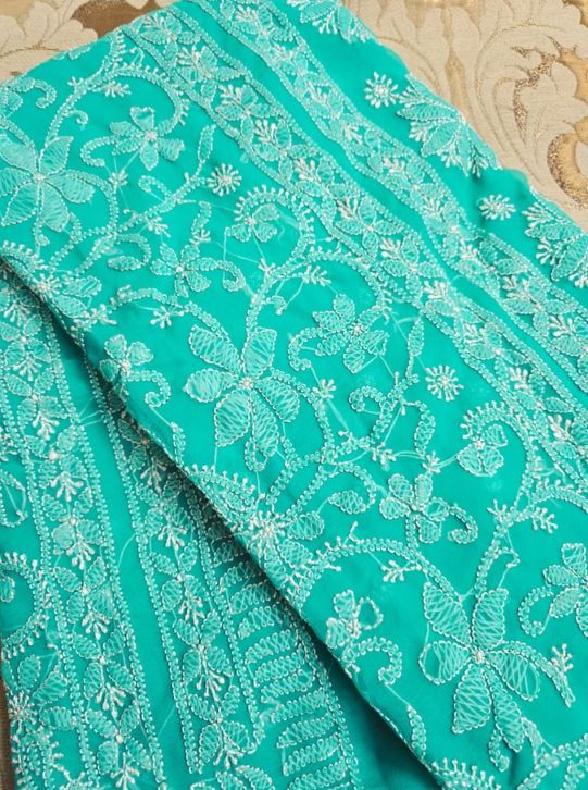 Handcrafted Sea Green Chikankari Resham Threadwork Saree