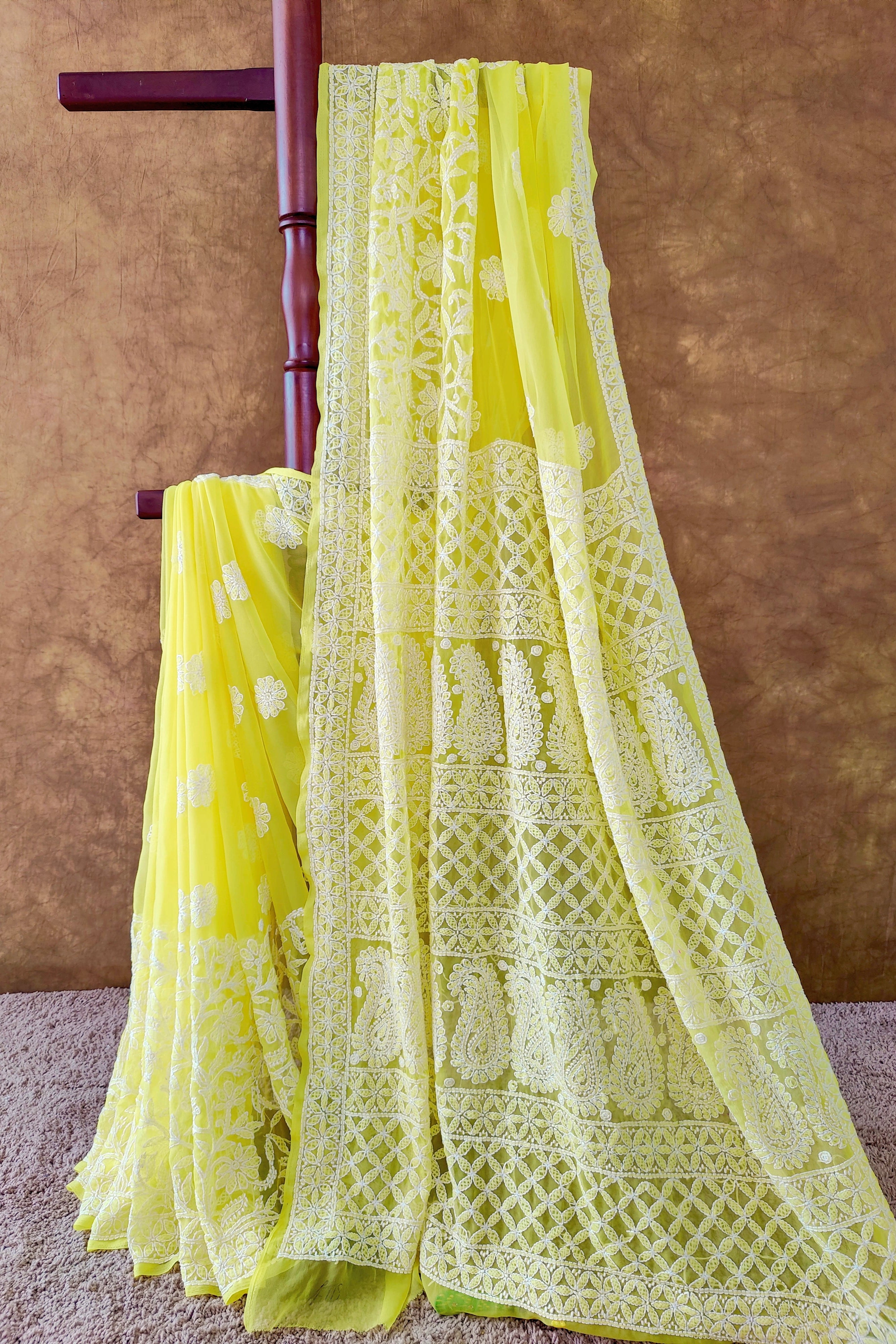 Yellow Chiffon Lucknowi Chikankari Saree with White Thread Work