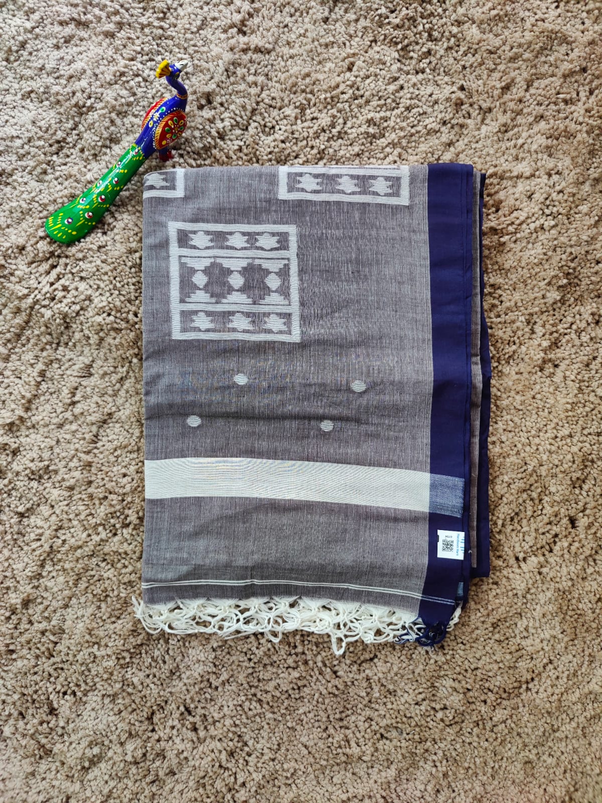 Grace in Grey: Handloom Cotton Saree with Blue Border & White Motifs