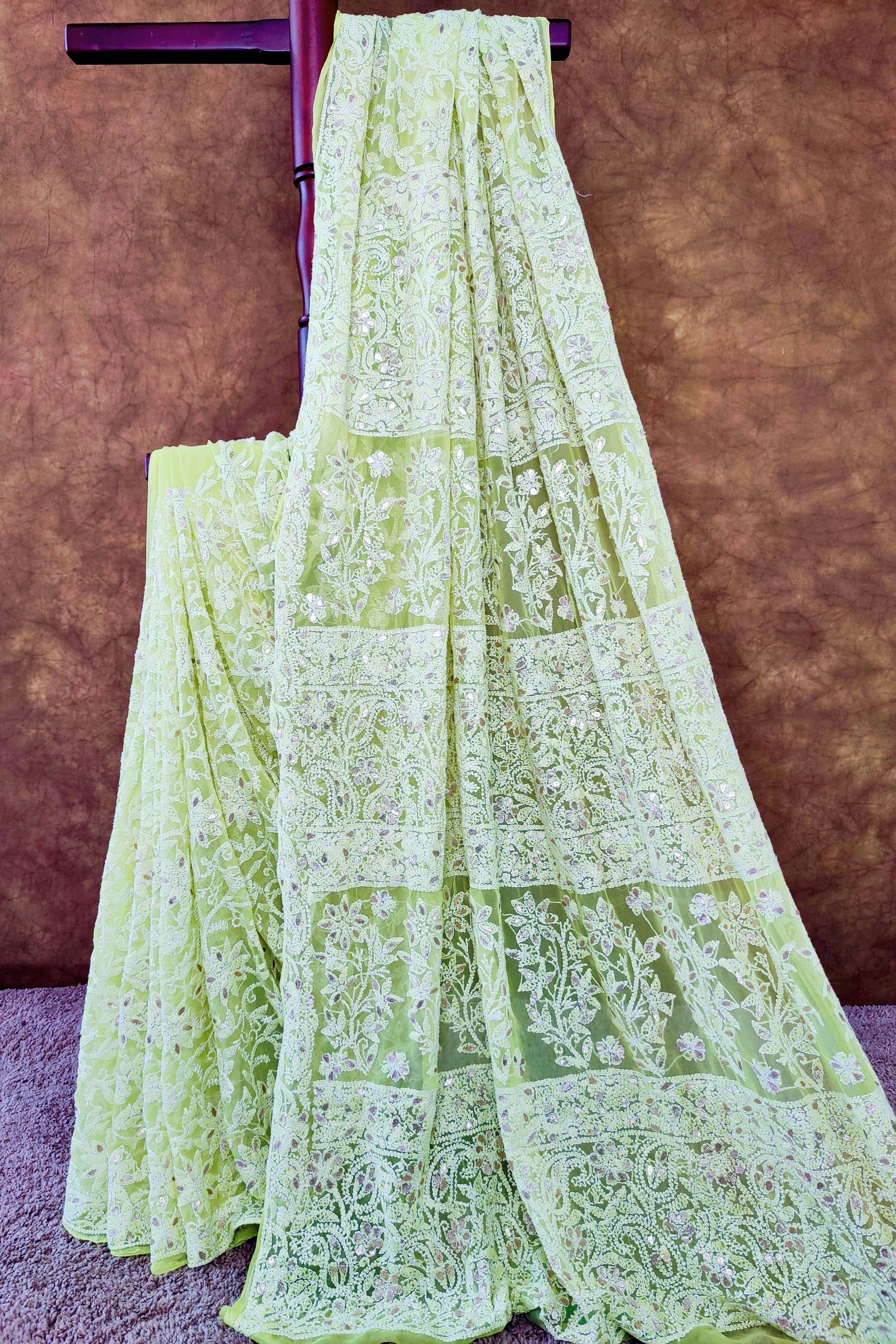 Pastel Green Chiffon Lucknowi Chikankari Saree with Full Jaal & Gota Patti Detailing