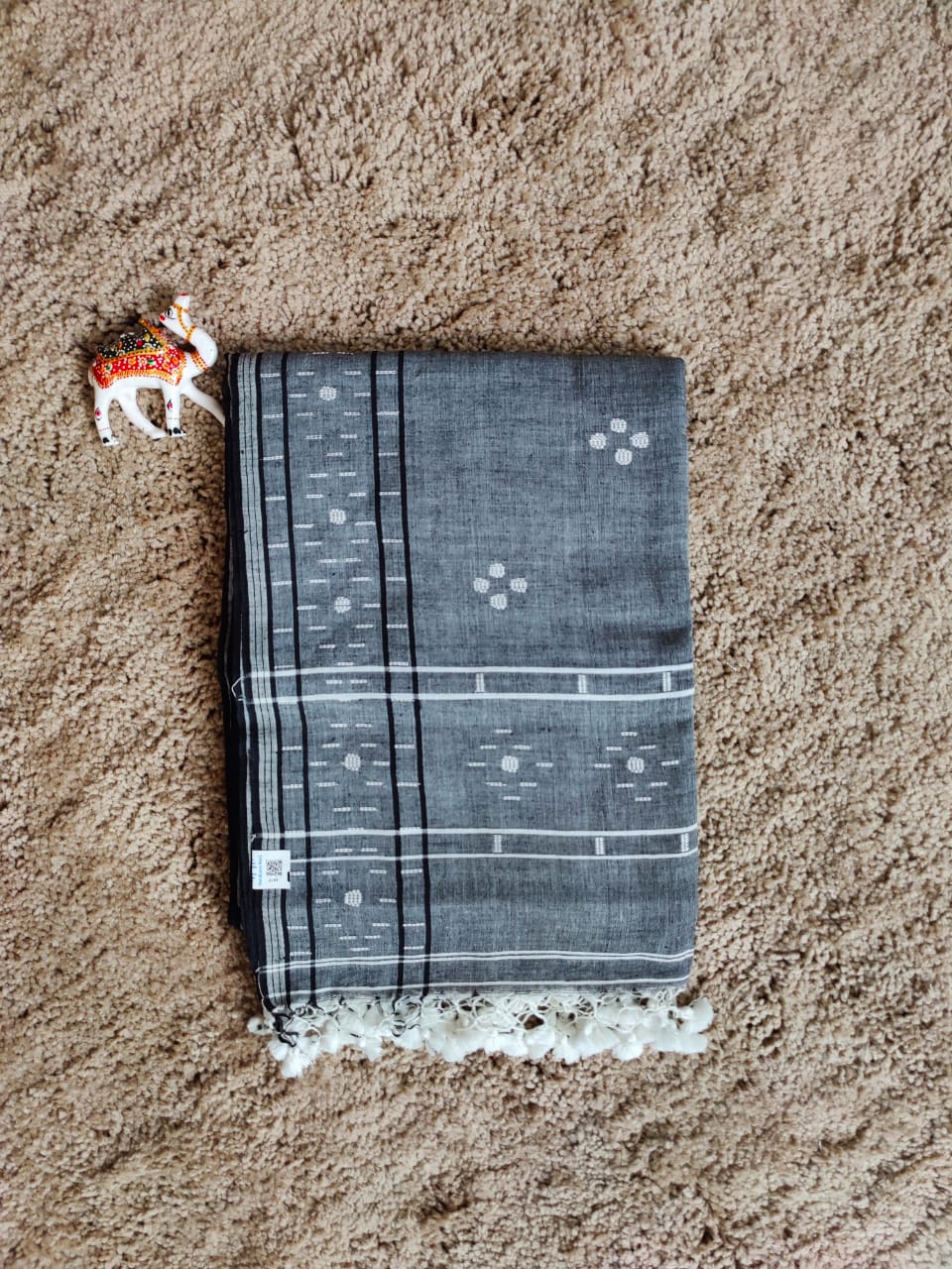 Grey cotton Jamdani saree with black border