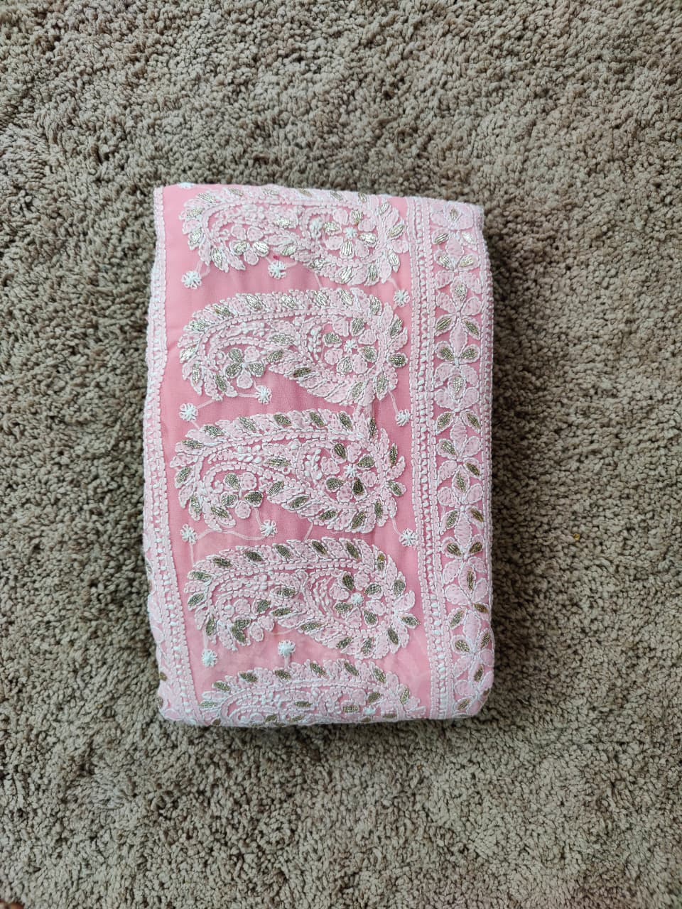 Baby Pink Chiffon Half Jaal Chikankari Saree with Gota-Patti work