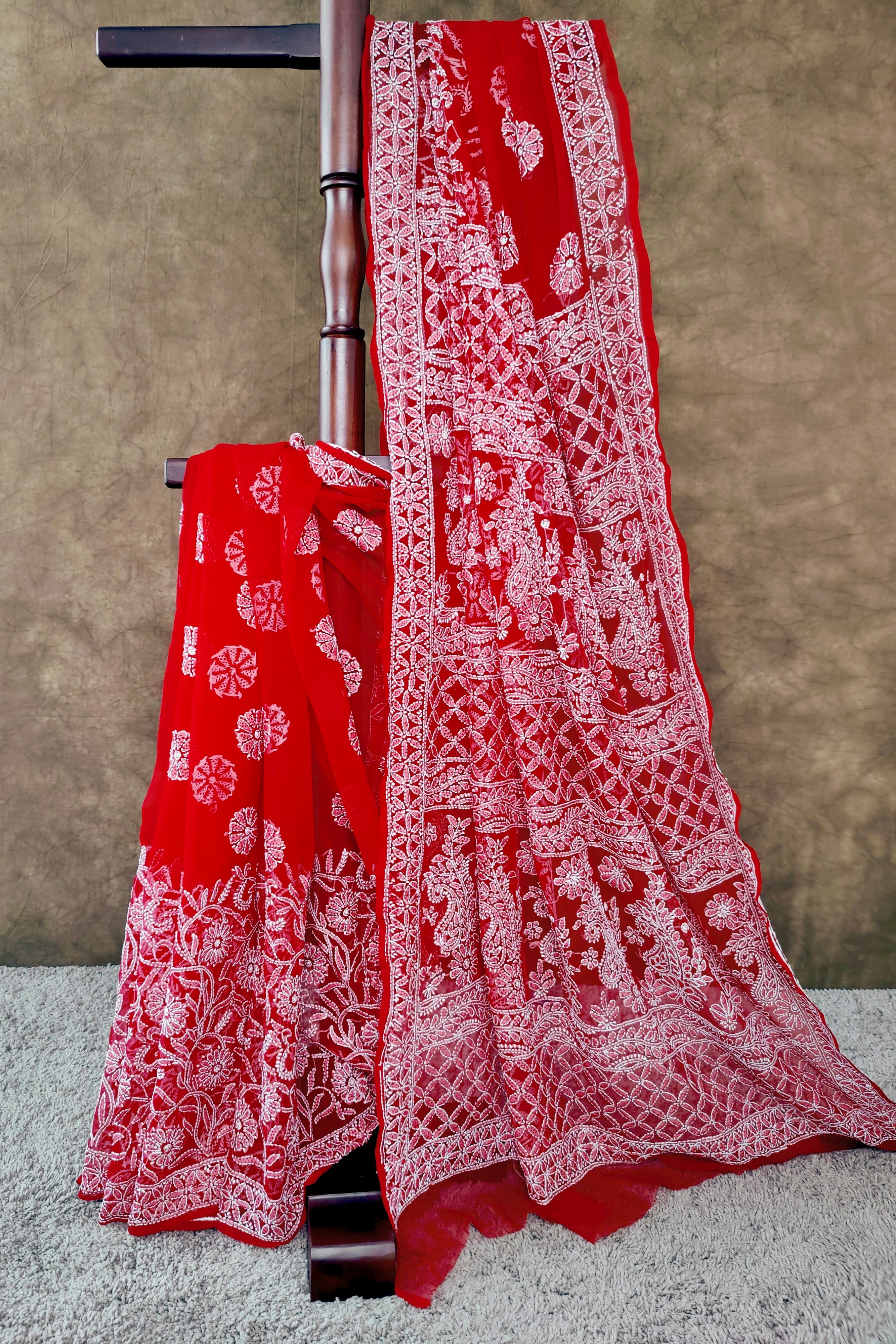 Elegant Red Chiffon Saree with White Thread Motifs – Perfect for Parties & Festivals