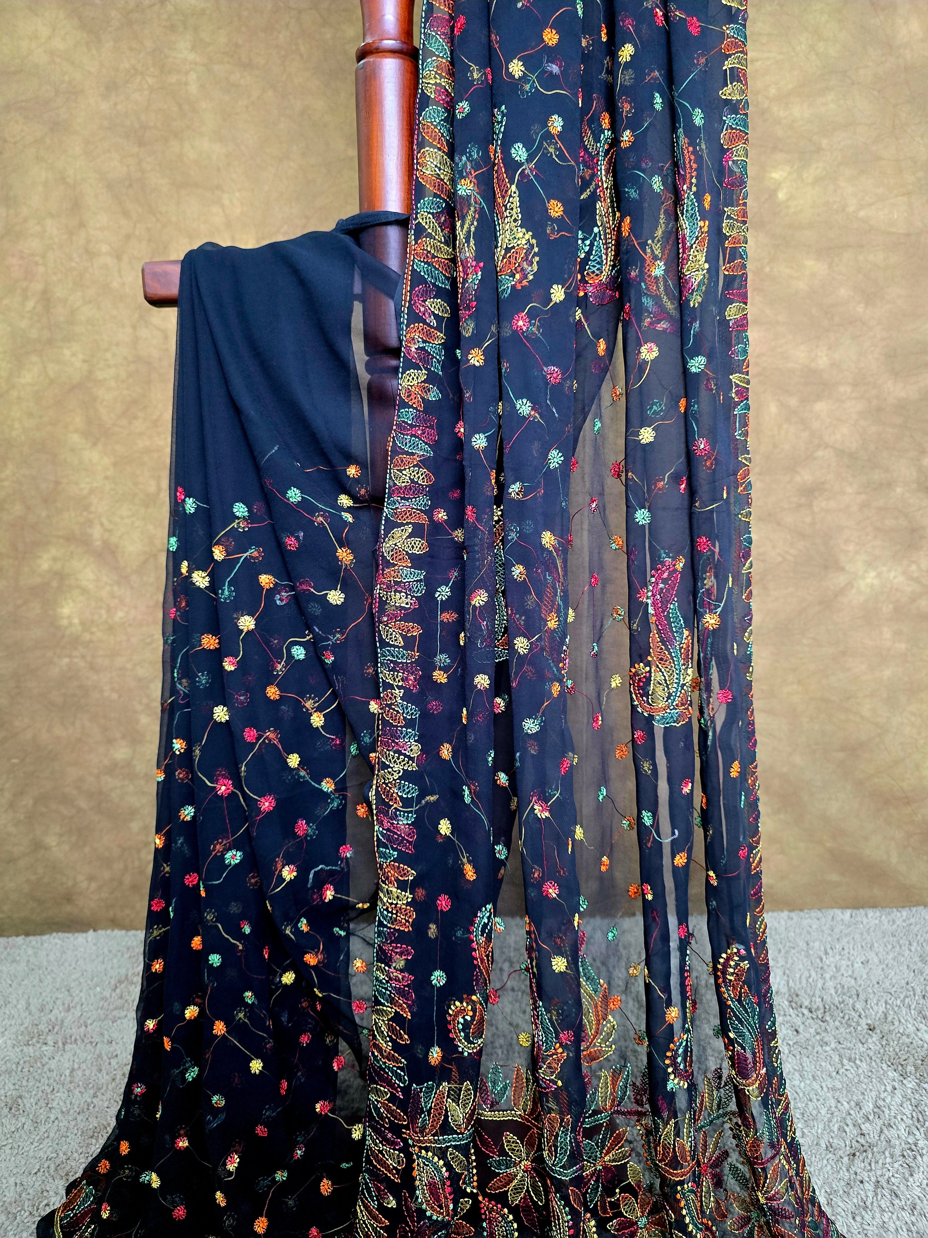 Black Chiffon Chikankari Saree with Multi-Colour Resham Thread Work