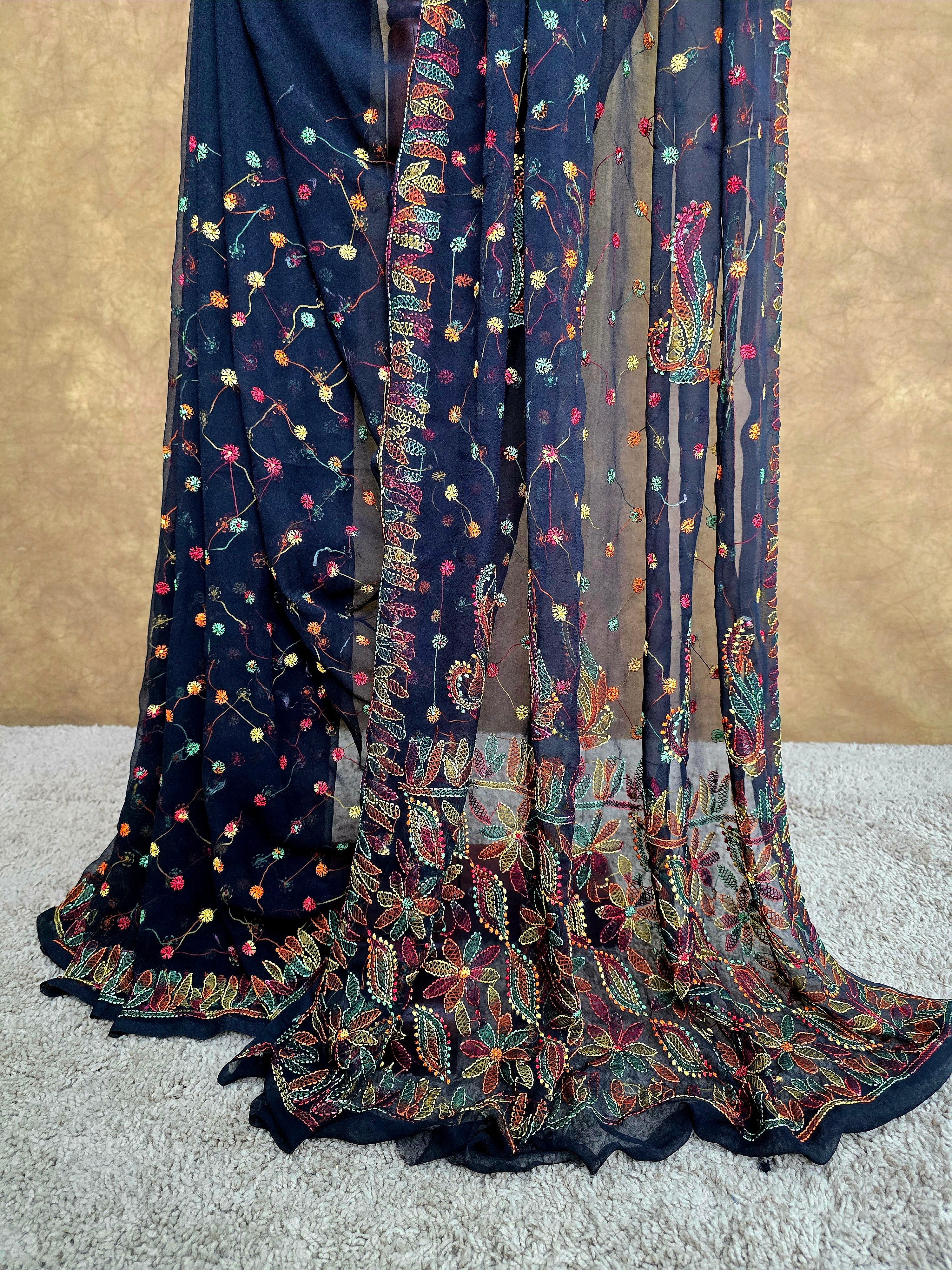 Black Chiffon Chikankari Saree with Multi-Colour Resham Thread Work