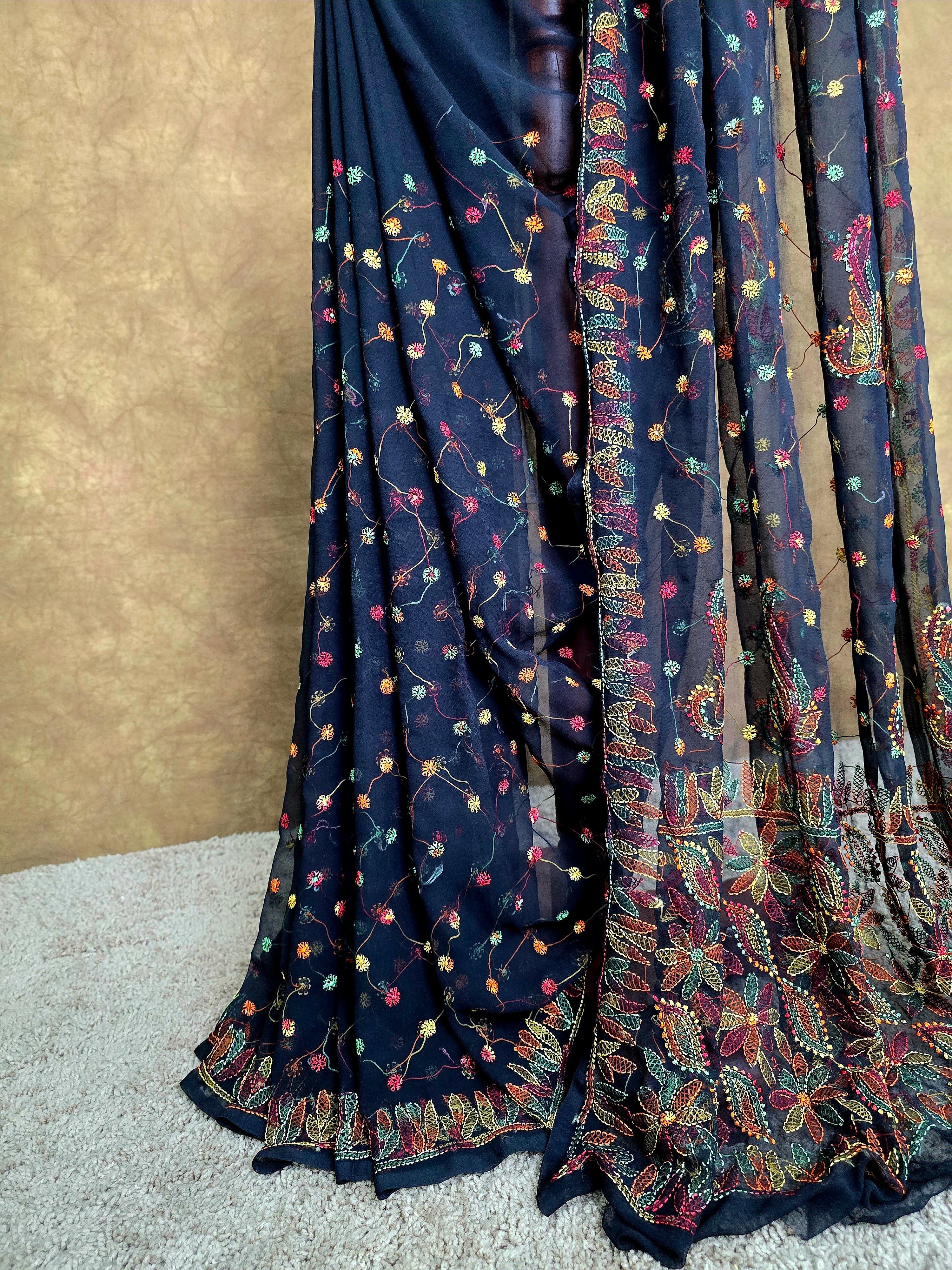 Black Chiffon Chikankari Saree with Multi-Colour Resham Thread Work