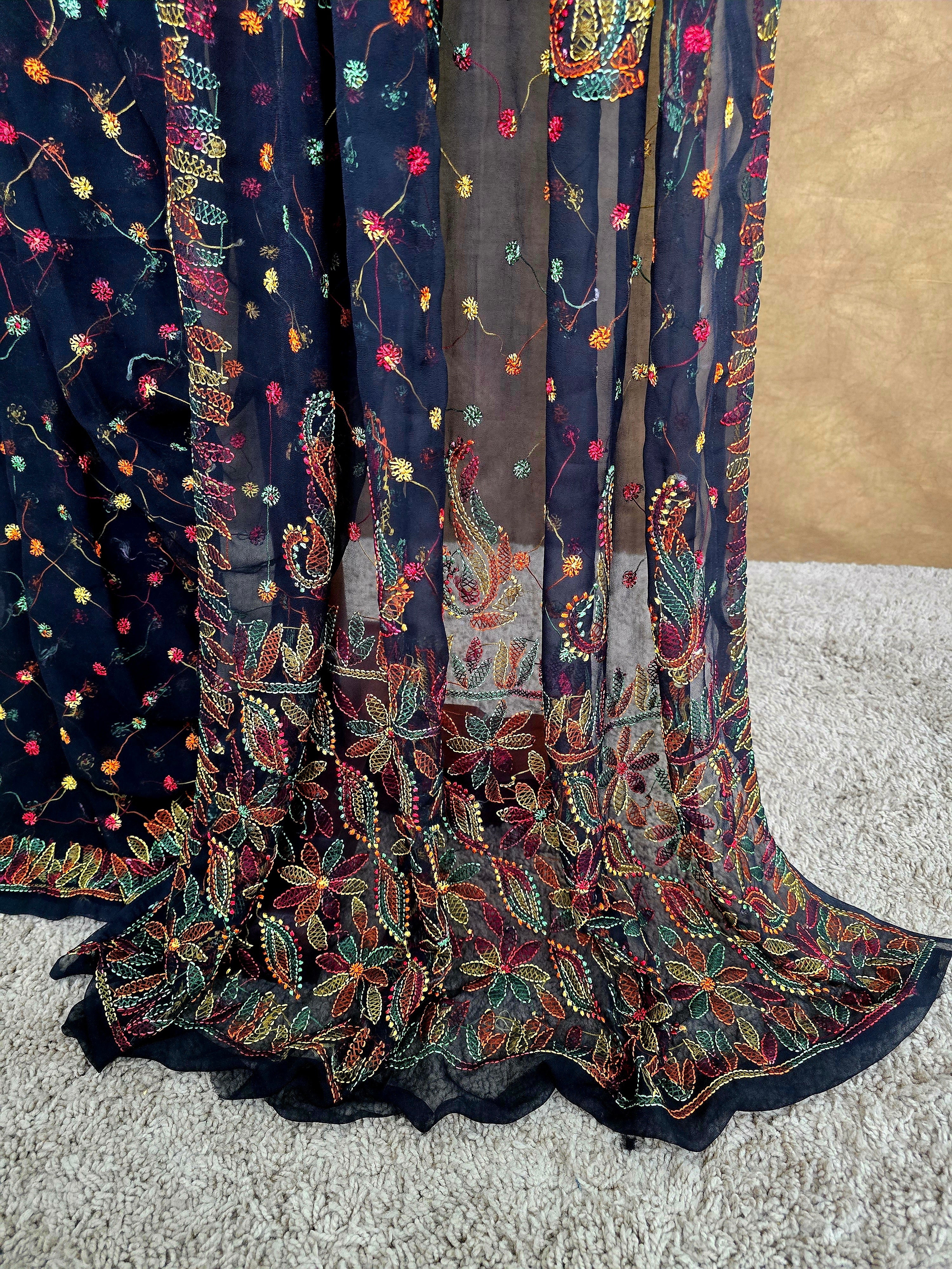 Black Chiffon Chikankari Saree with Multi-Colour Resham Thread Work