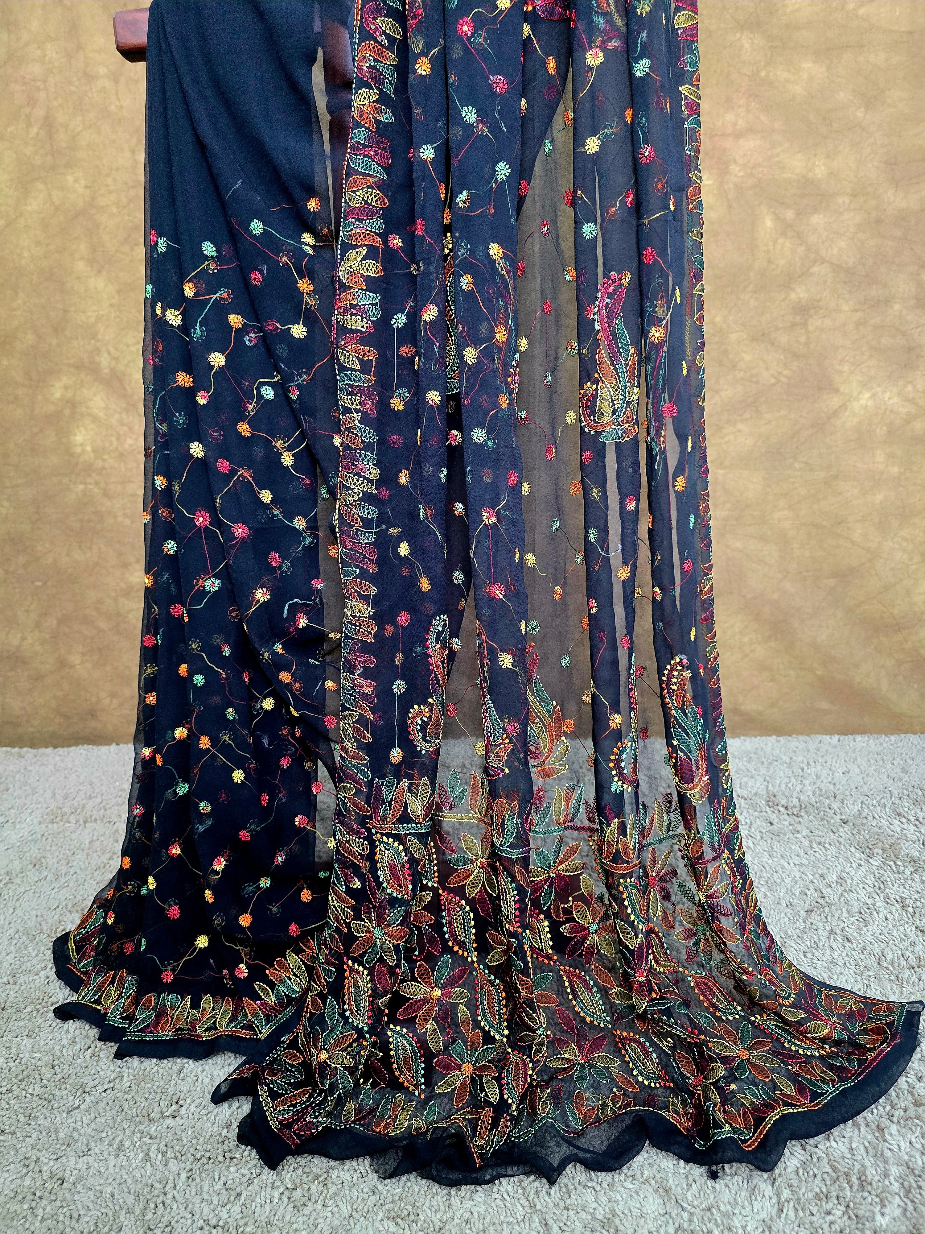 Black Chiffon Chikankari Saree with Multi-Colour Resham Thread Work