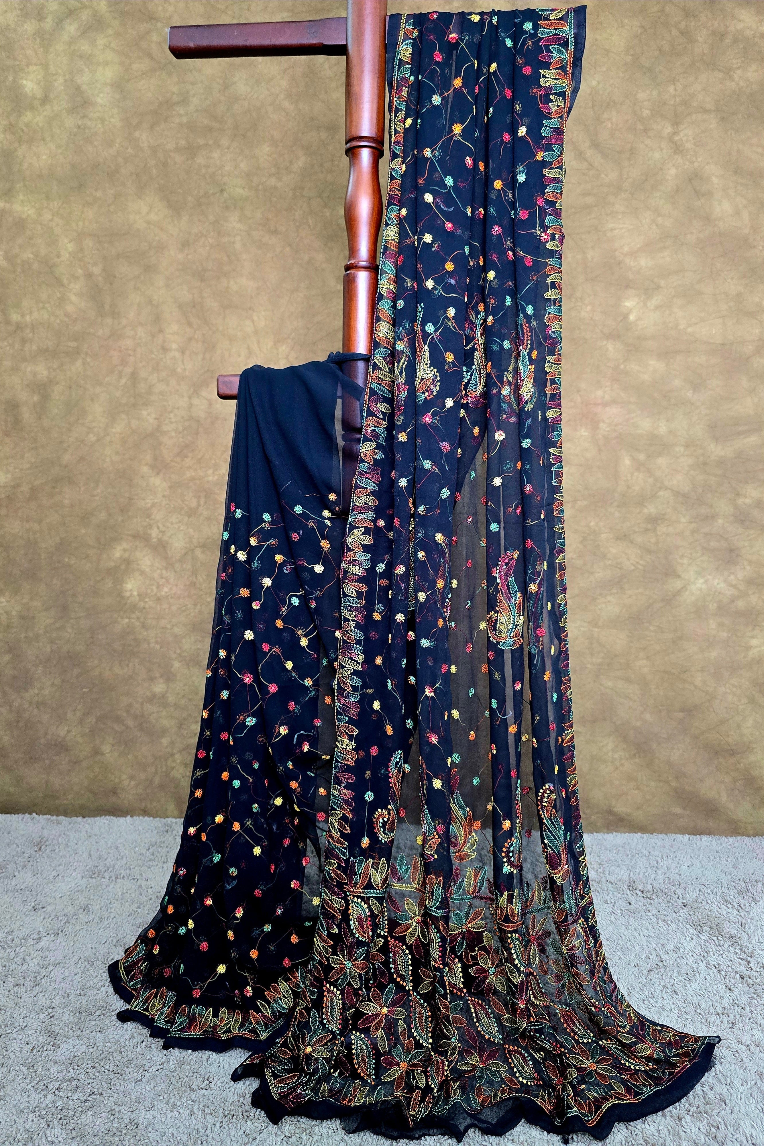 Black Chiffon Chikankari Saree with Multi-Colour Resham Thread Work