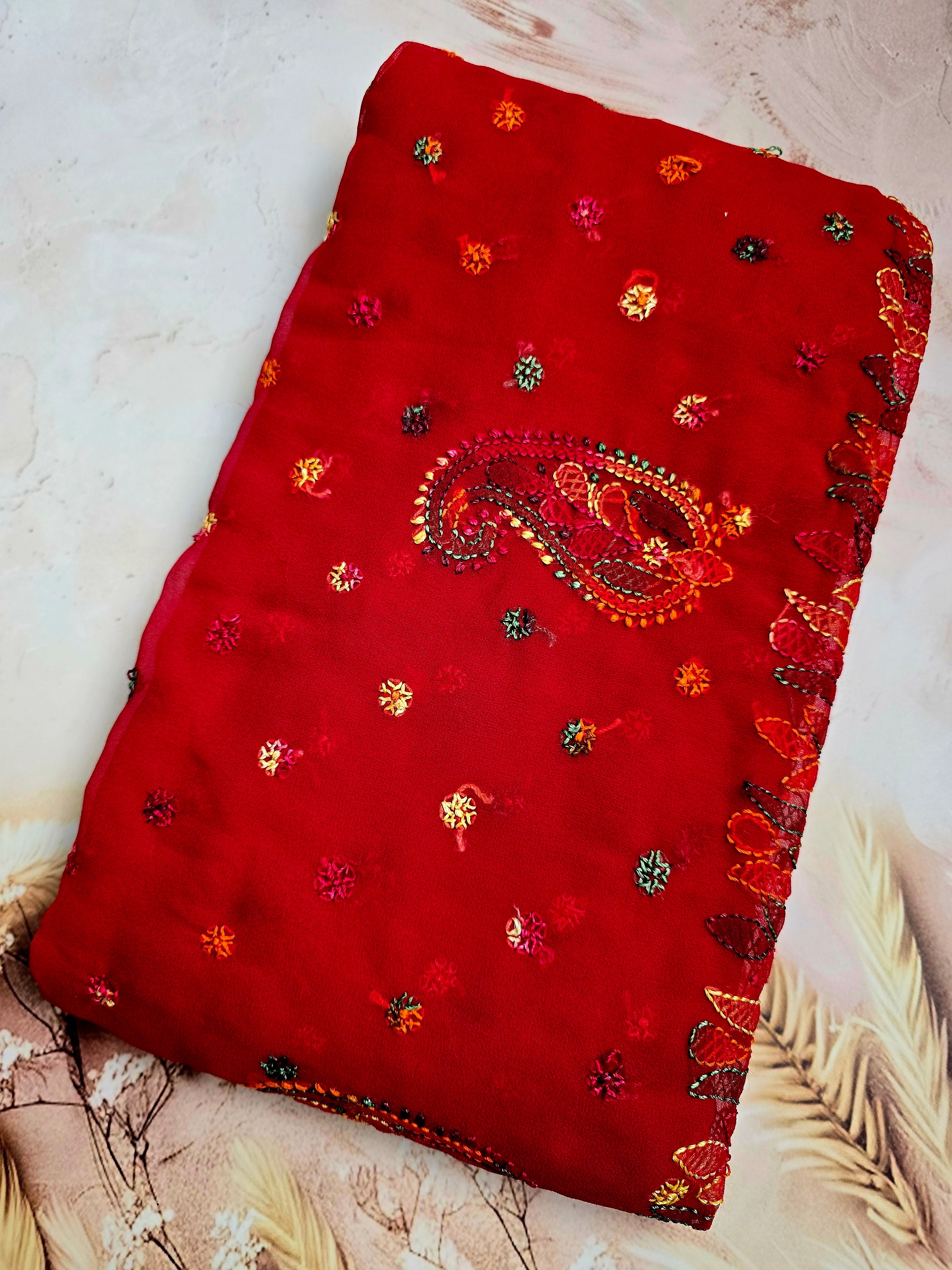 Red Chiffon Saree with Multi-Colour Resham Chikankari