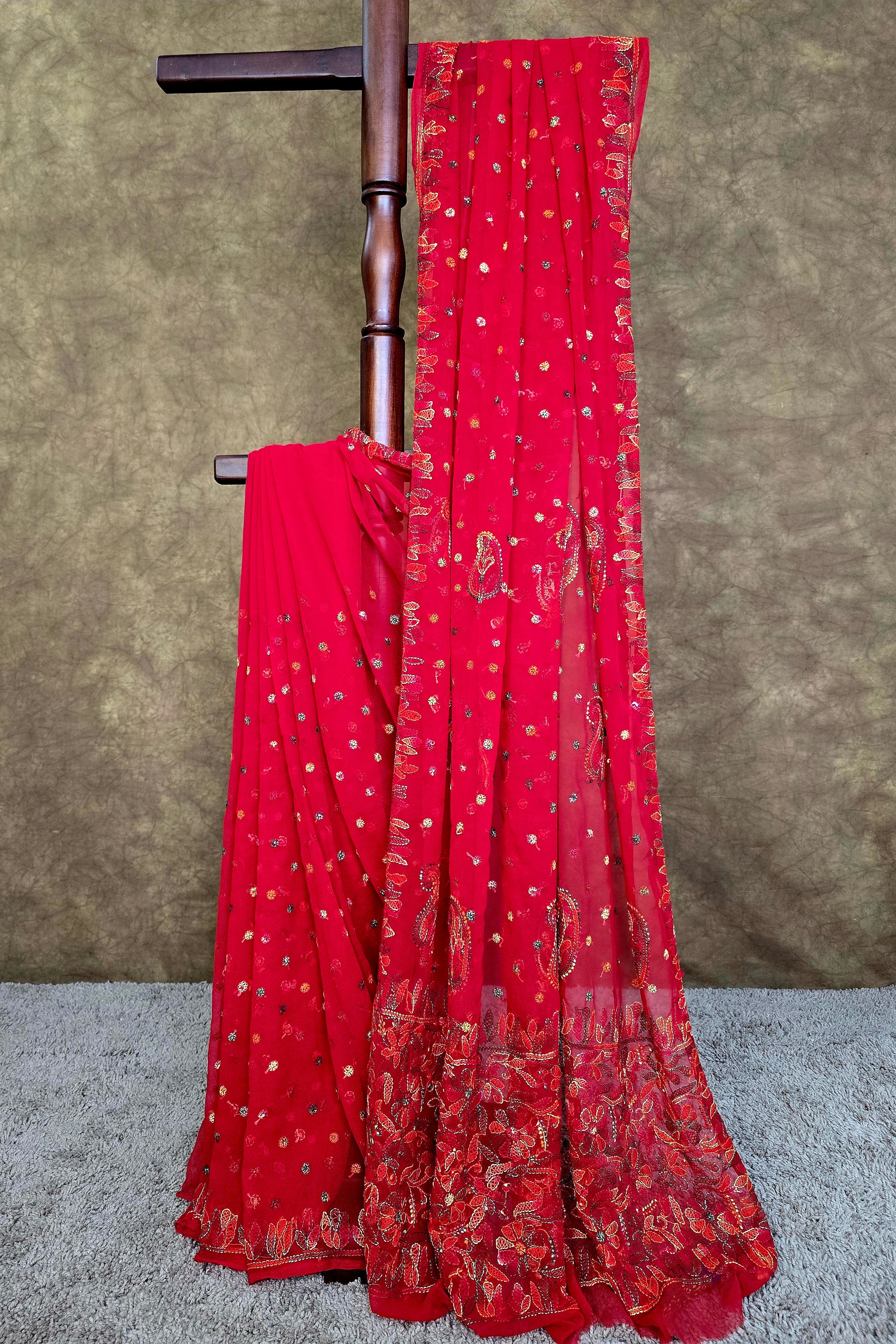 Red Chiffon Saree with Multi-Colour Resham Chikankari