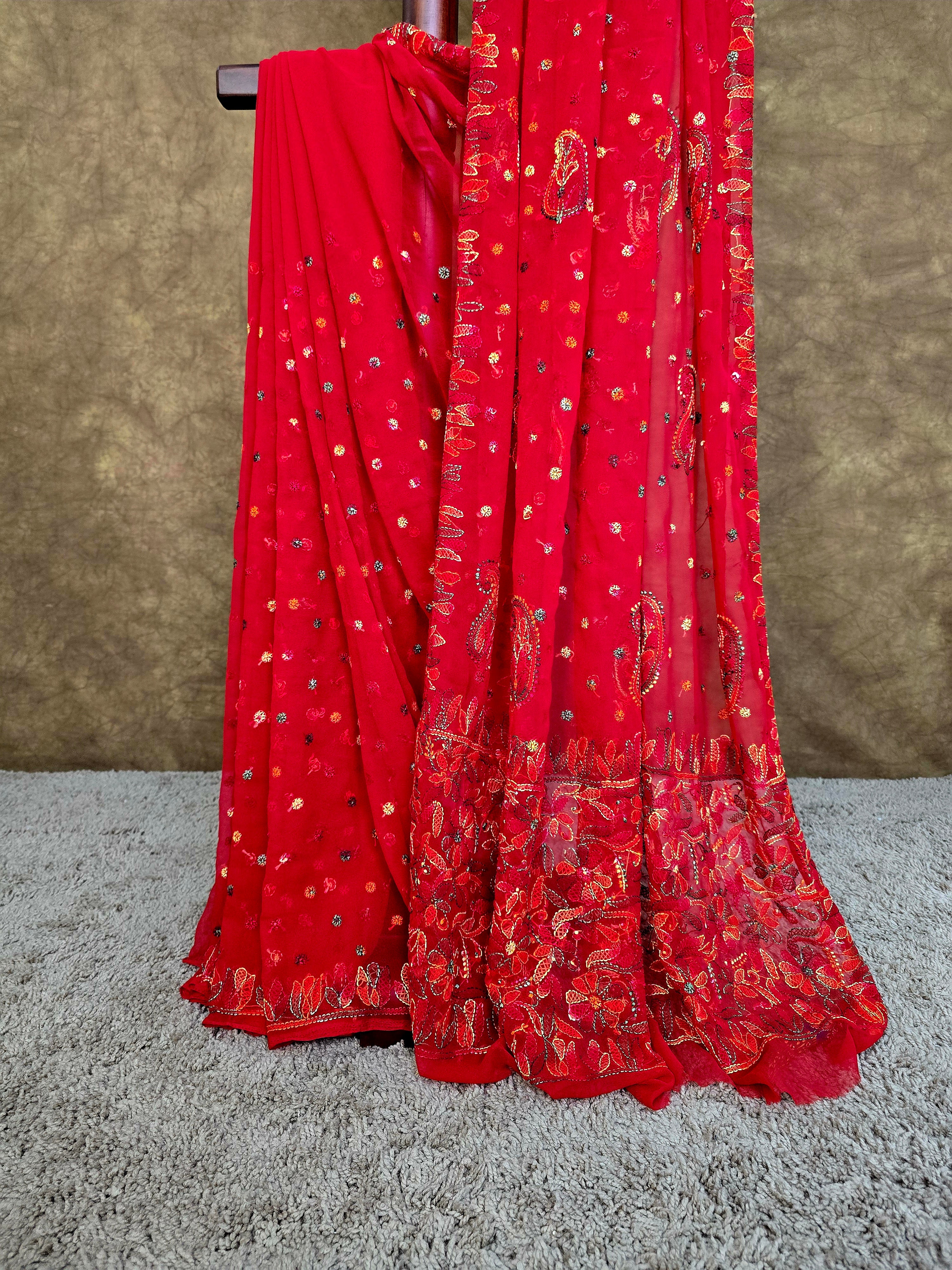 Red Chiffon Saree with Multi-Colour Resham Chikankari