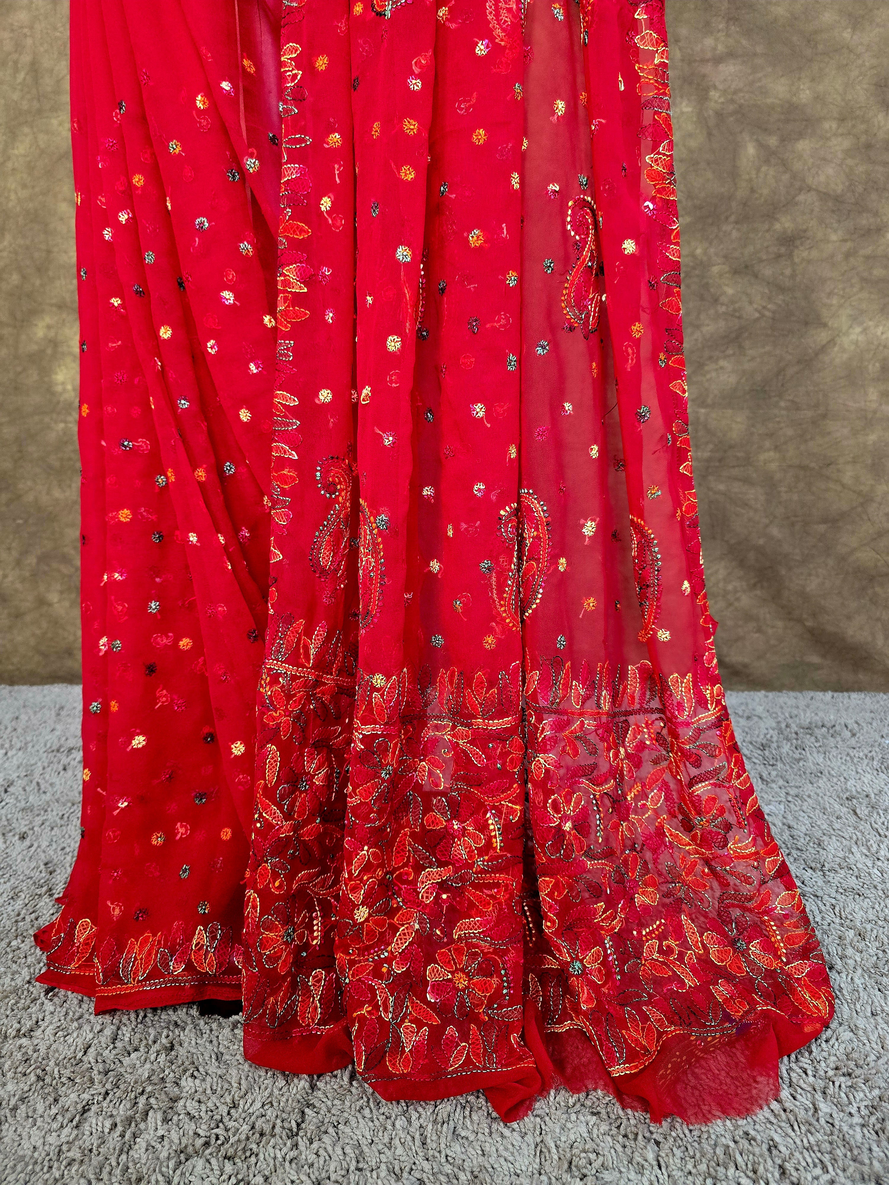 Red Chiffon Saree with Multi-Colour Resham Chikankari