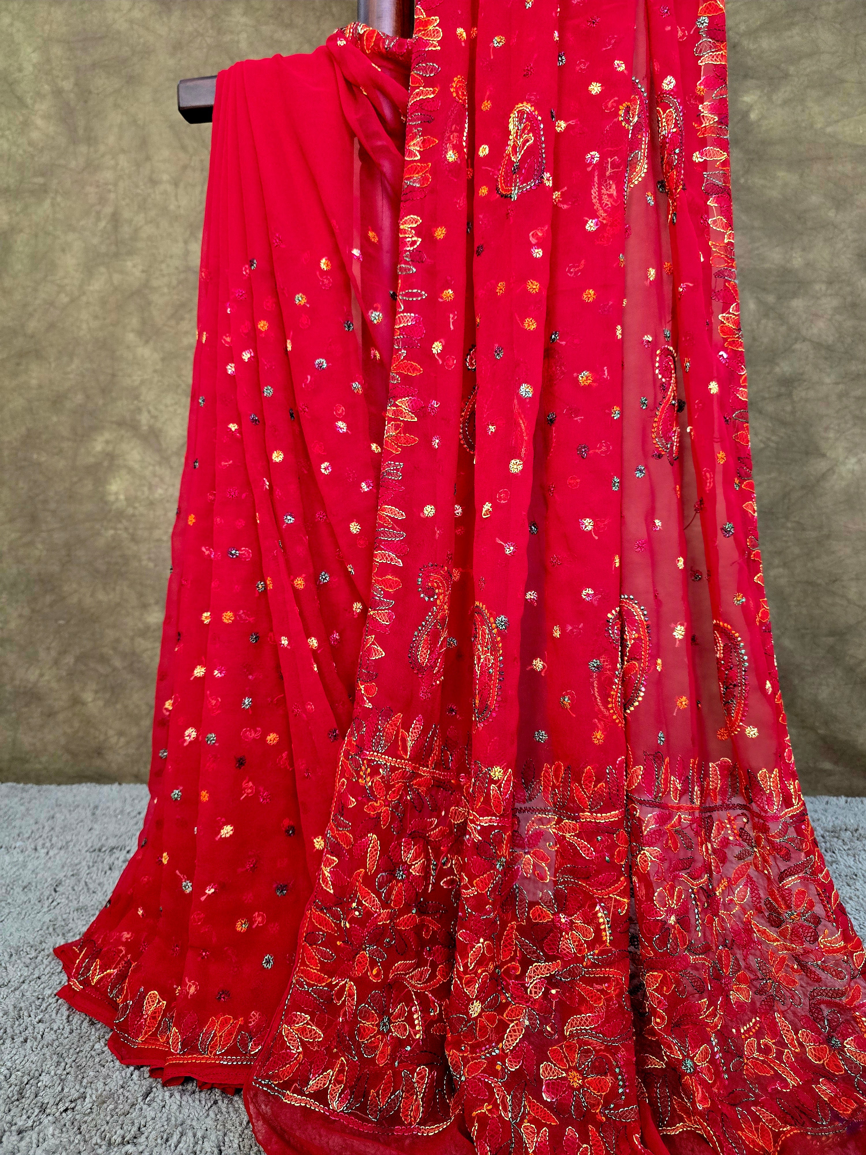 Red Chiffon Saree with Multi-Colour Resham Chikankari