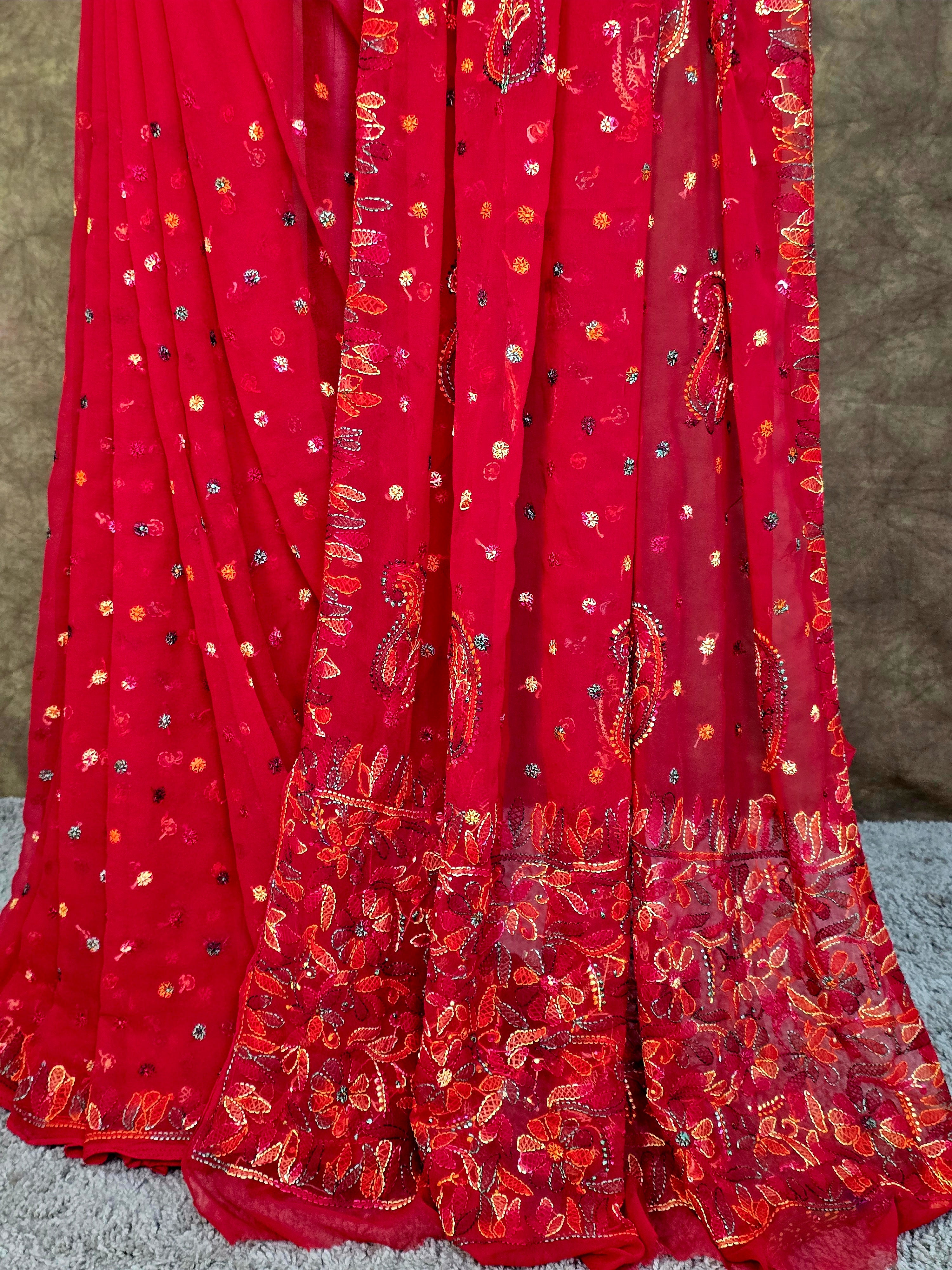 Red Chiffon Saree with Multi-Colour Resham Chikankari