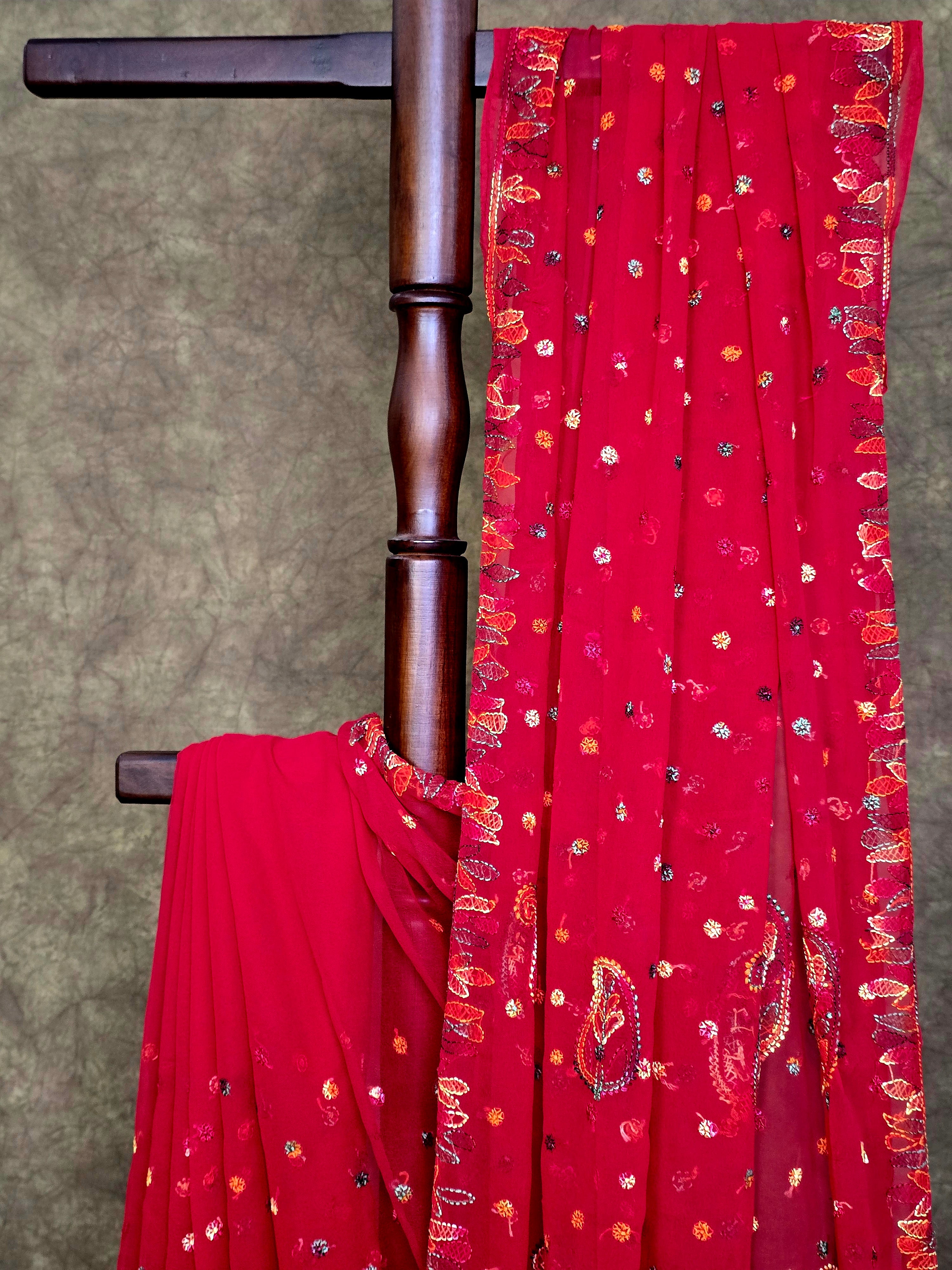 Red Chiffon Saree with Multi-Colour Resham Chikankari