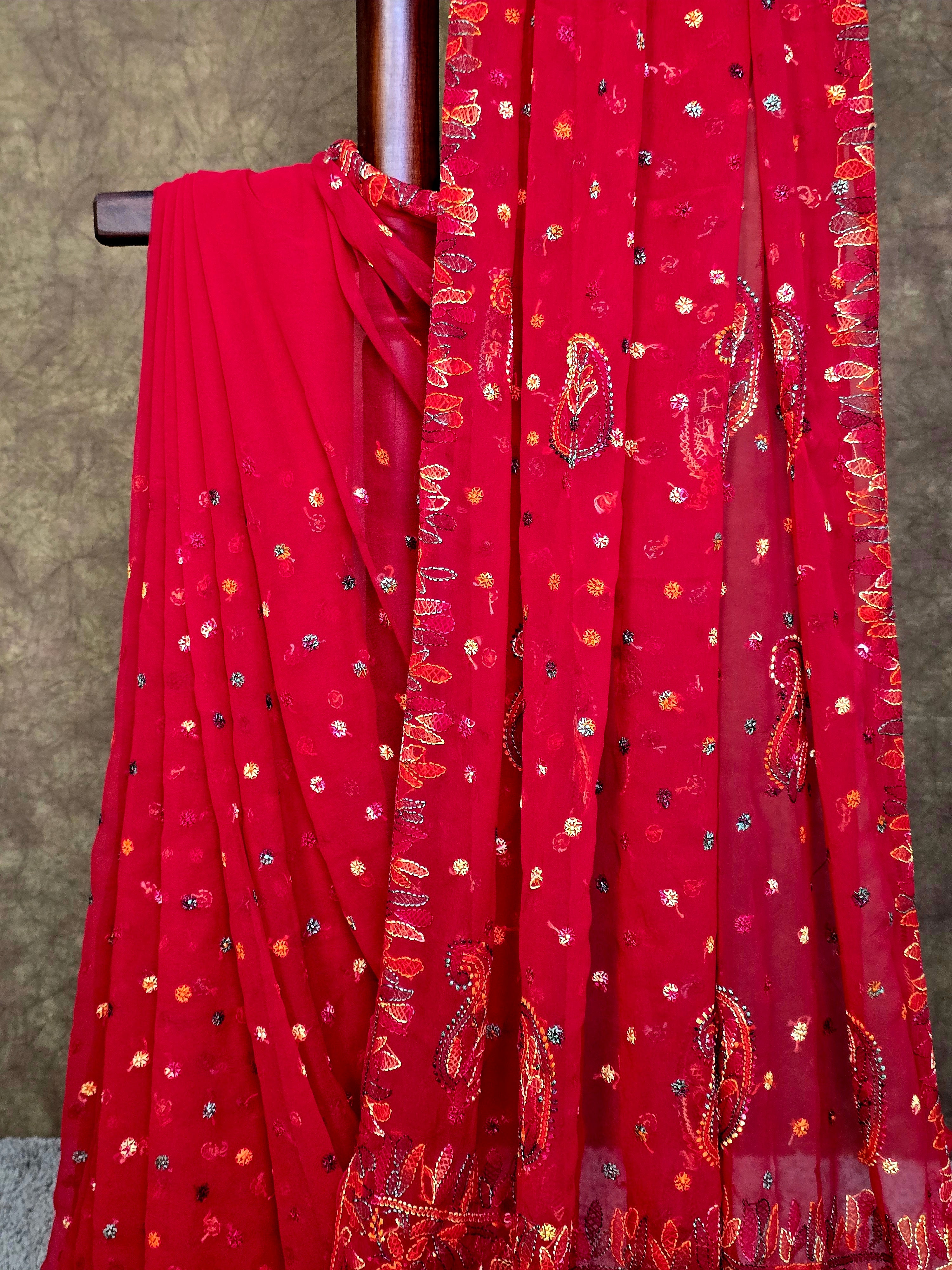 Red Chiffon Saree with Multi-Colour Resham Chikankari