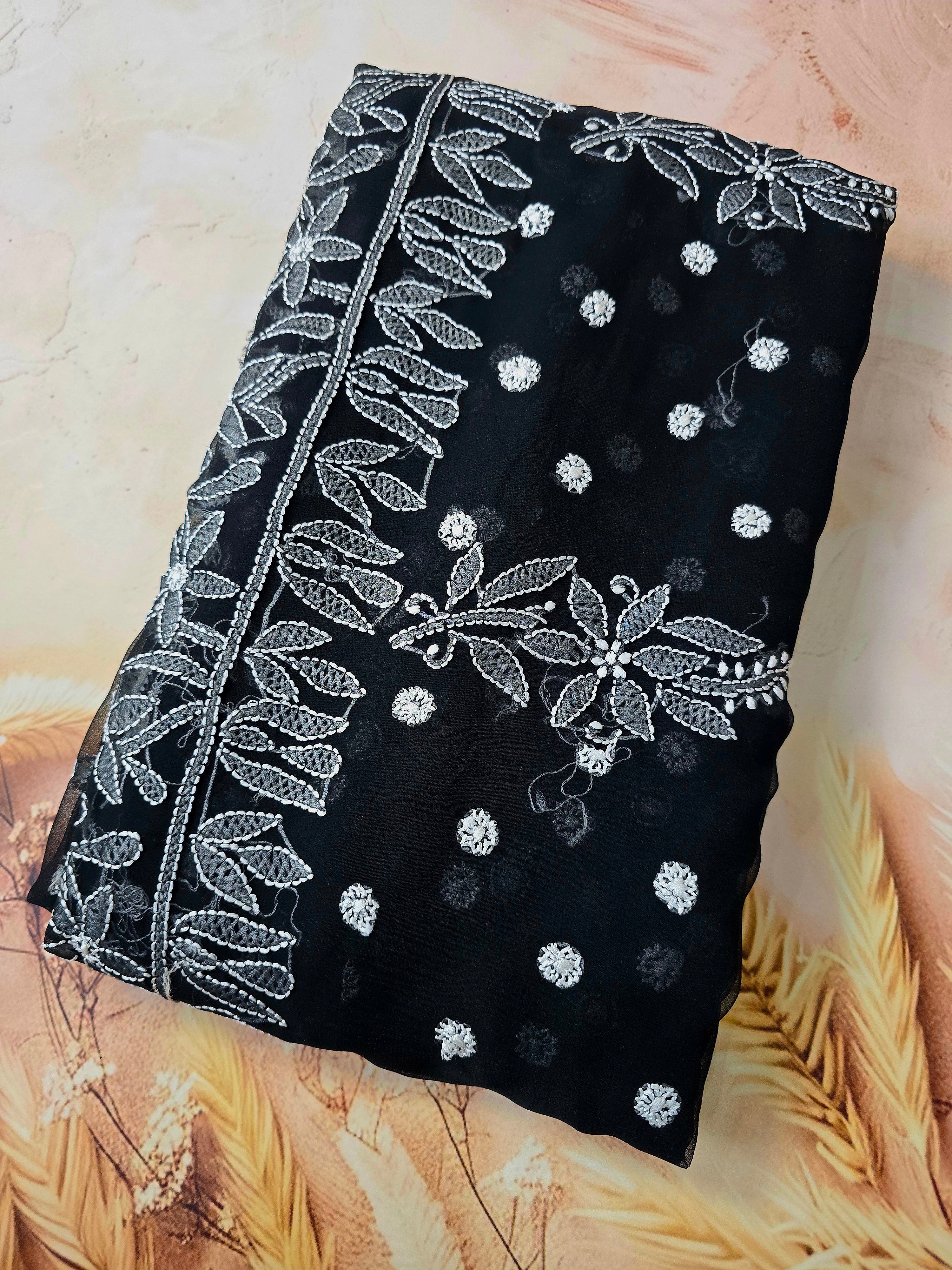 Black Chiffon Saree with White Chikankari Resham Work