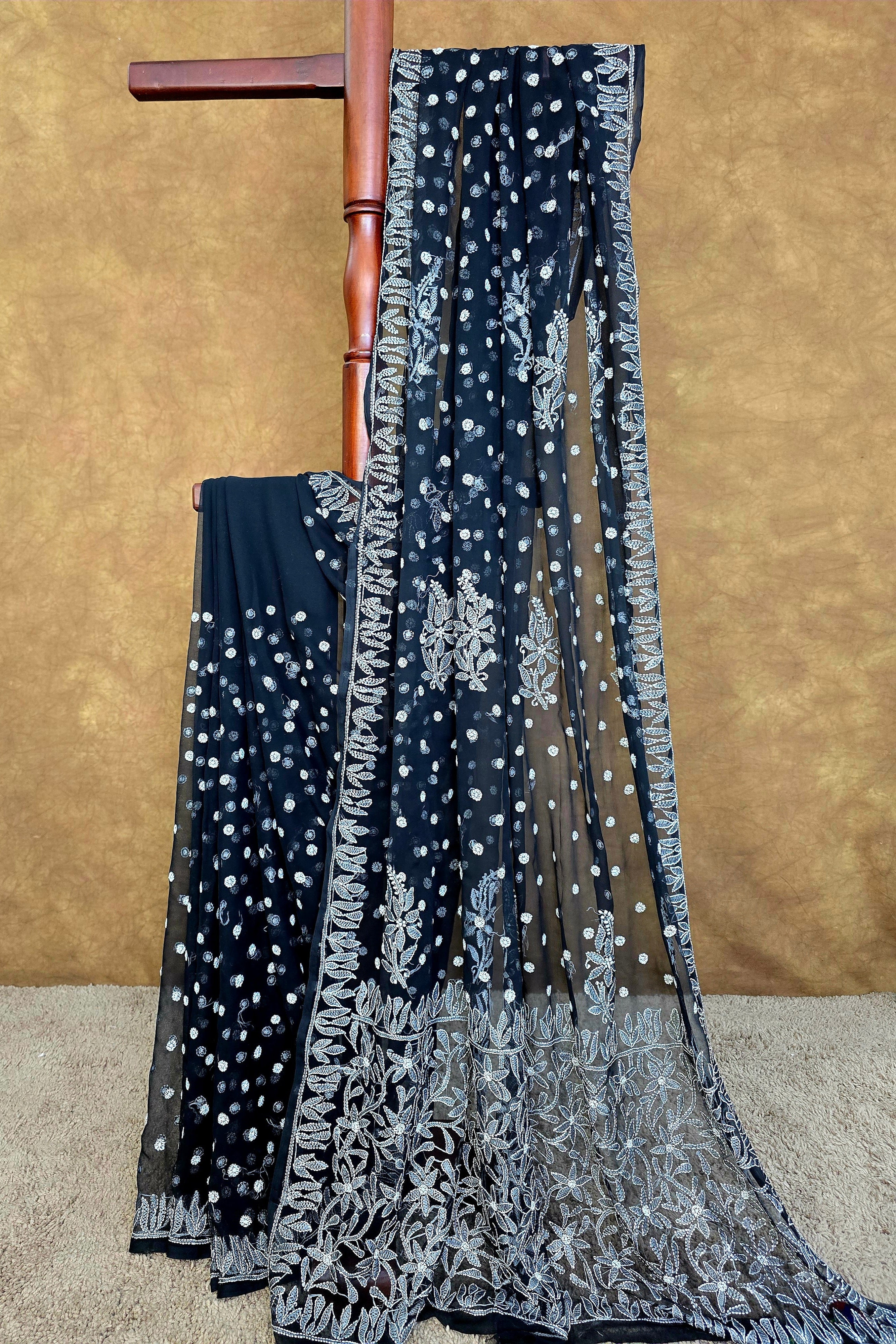 Black Chiffon Saree with White Chikankari Resham Work
