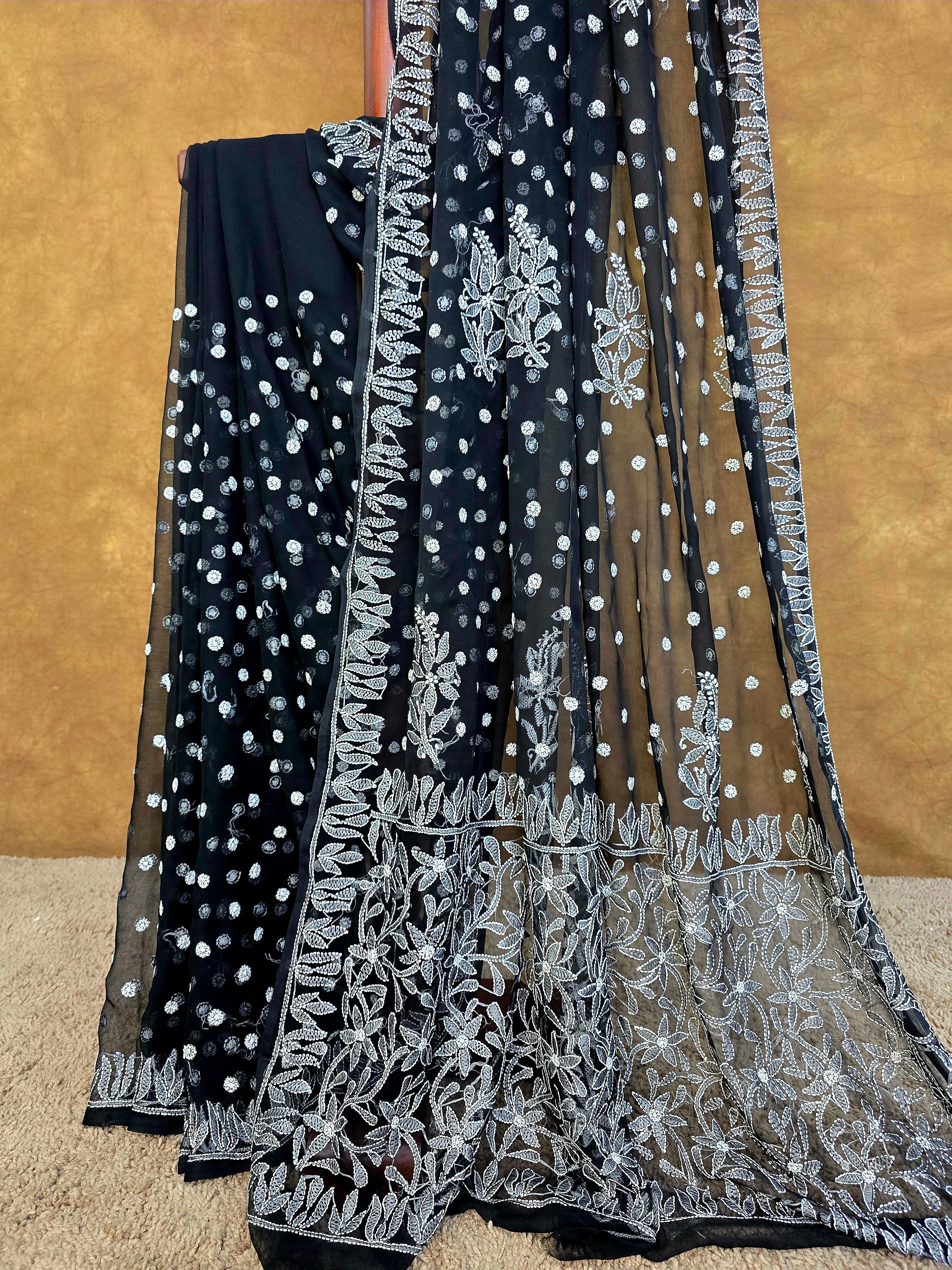 Black Chiffon Saree with White Chikankari Resham Work