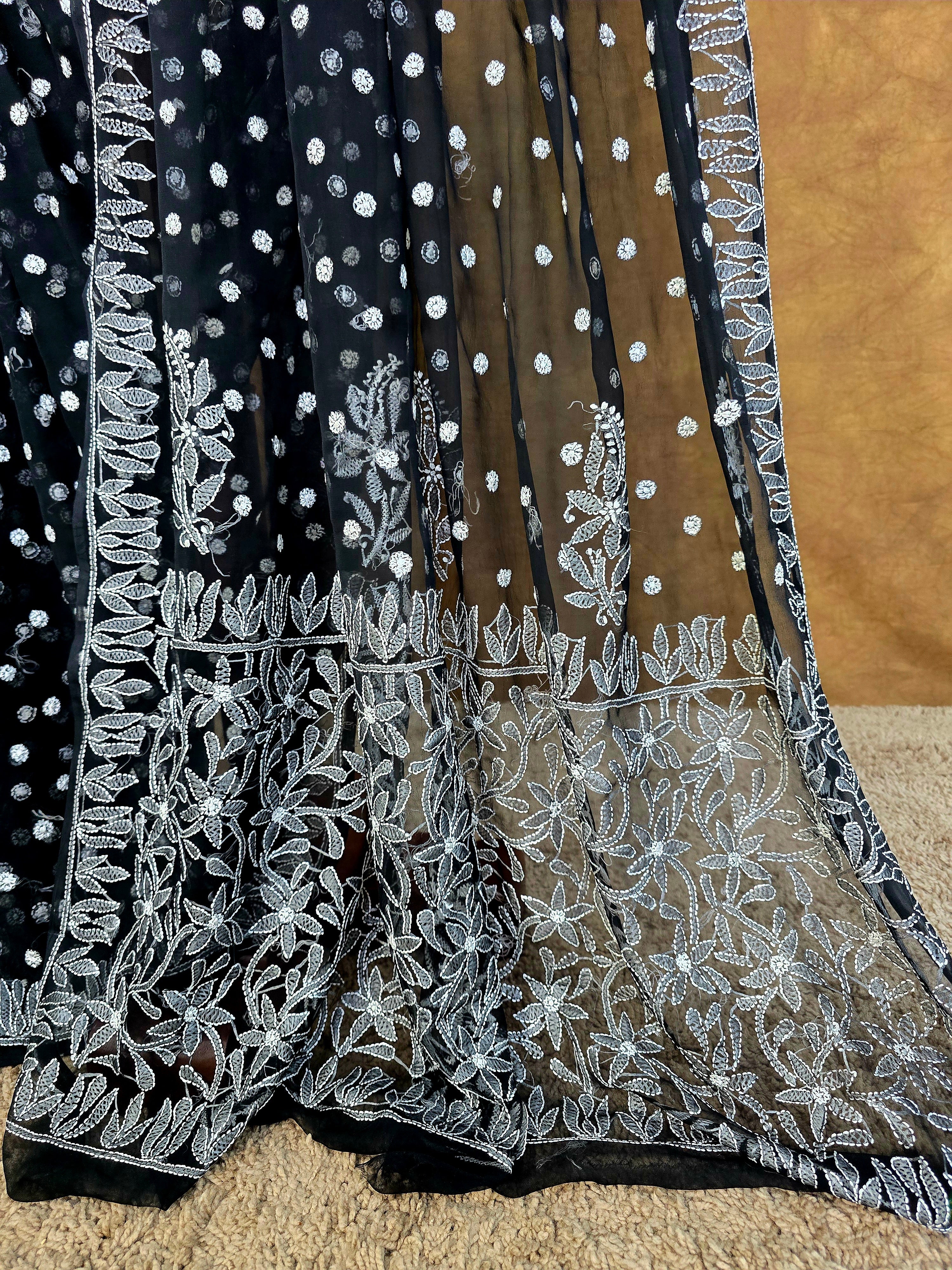 Black Chiffon Saree with White Chikankari Resham Work