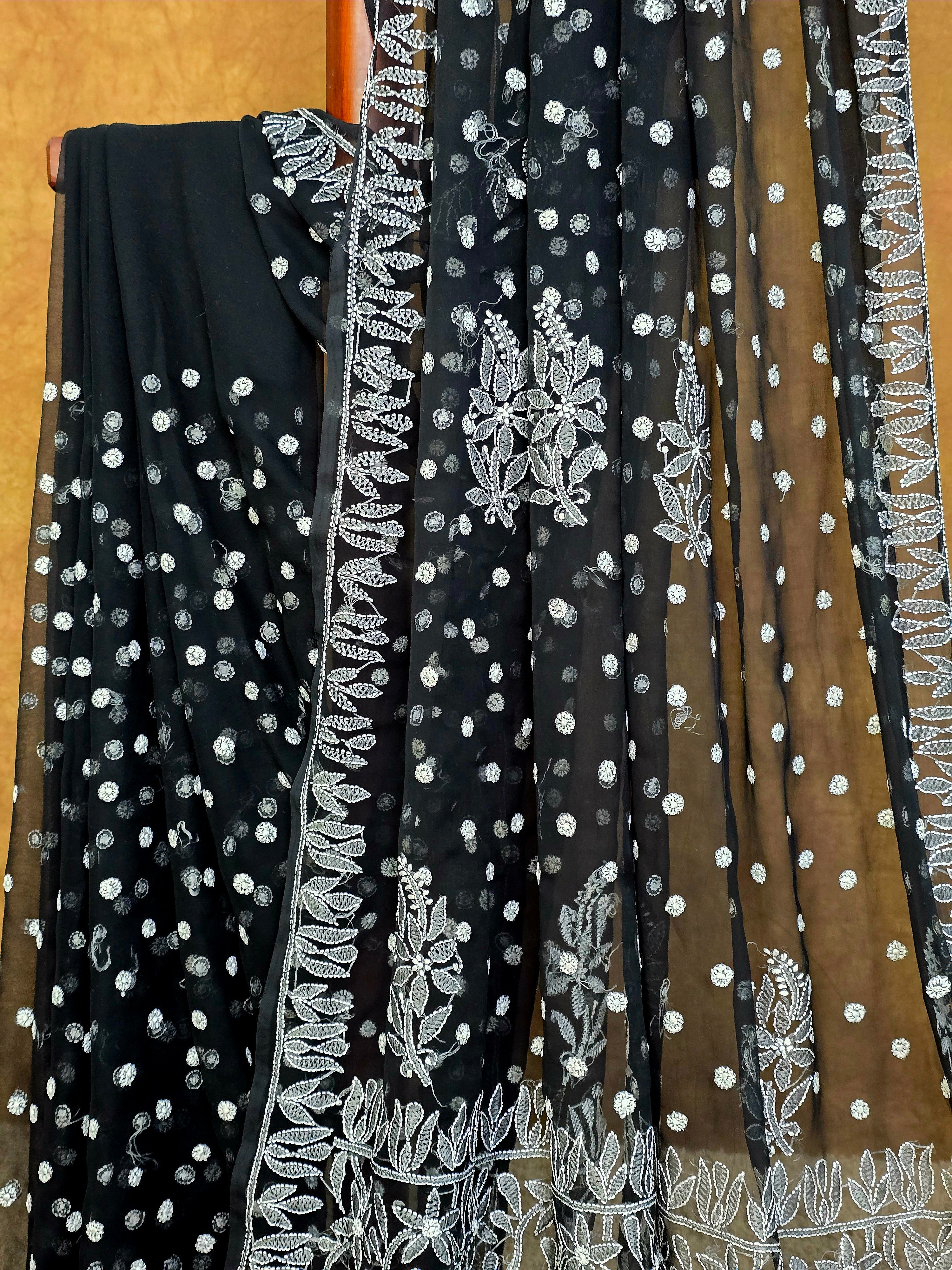 Black Chiffon Saree with White Chikankari Resham Work