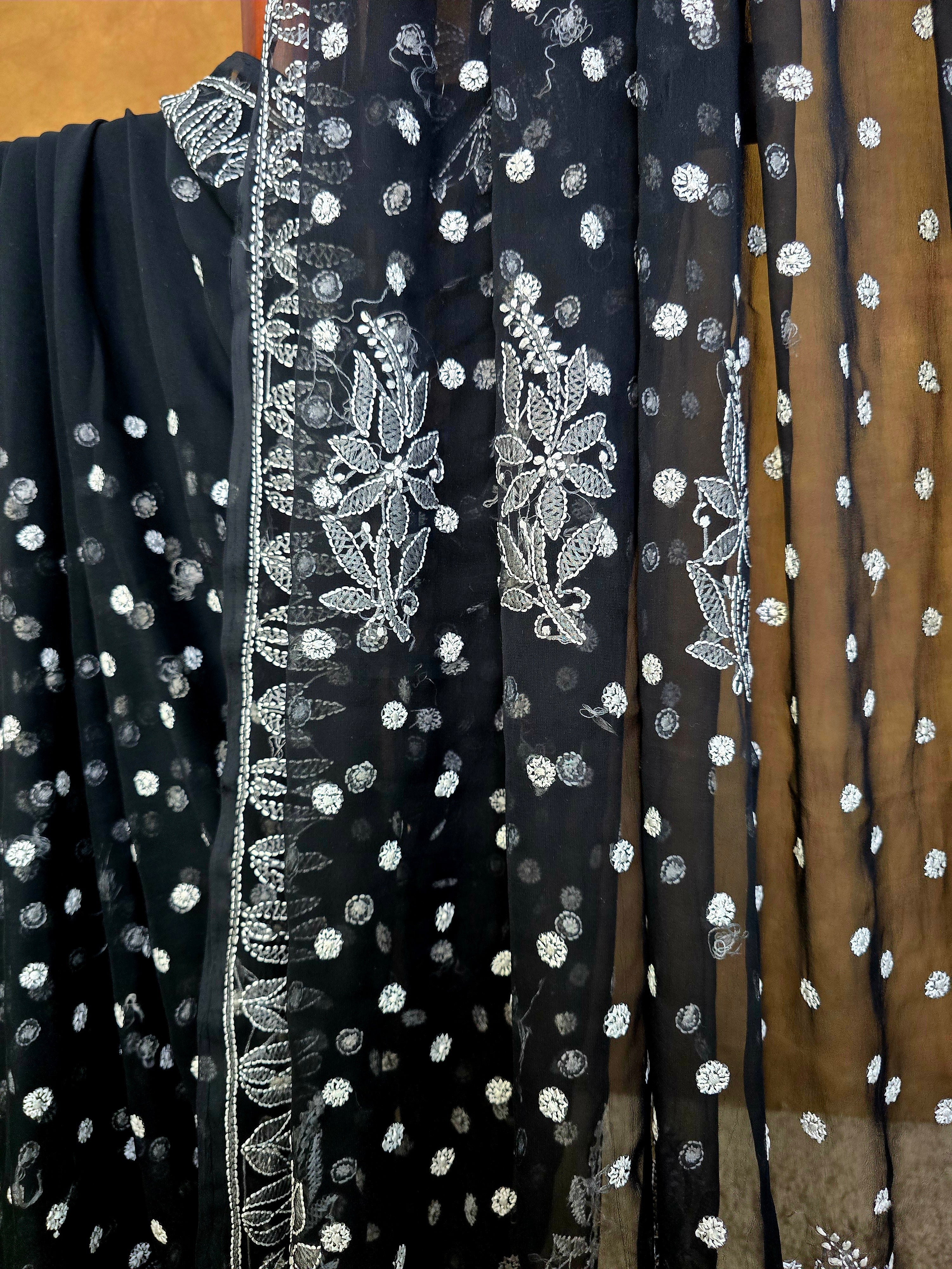 Black Chiffon Saree with White Chikankari Resham Work