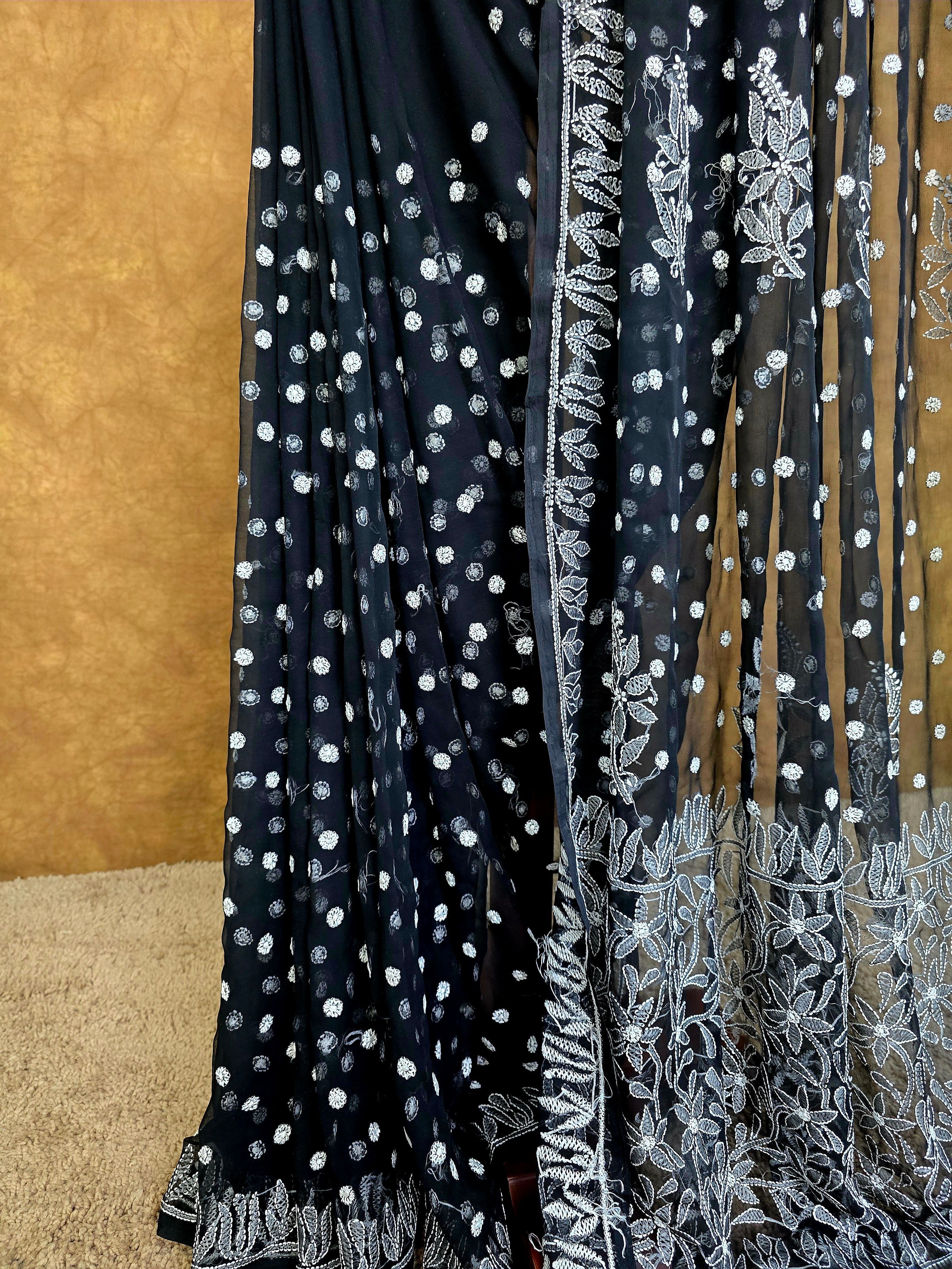 Black Chiffon Saree with White Chikankari Resham Work