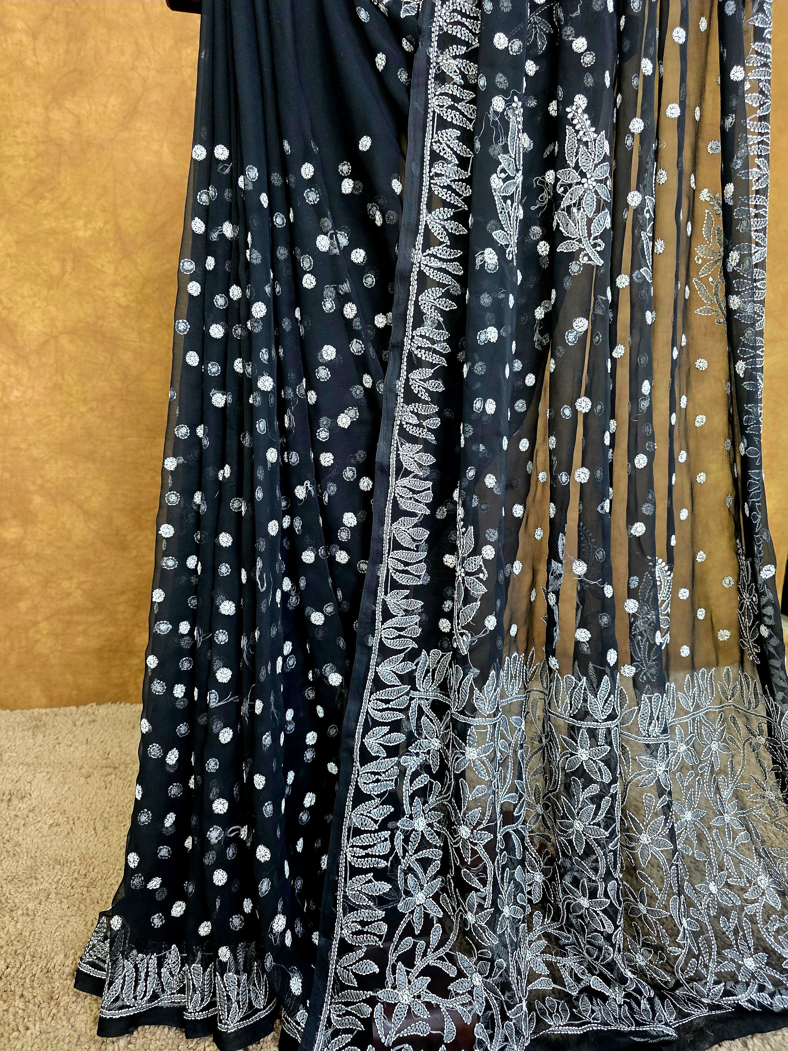 Black Chiffon Saree with White Chikankari Resham Work
