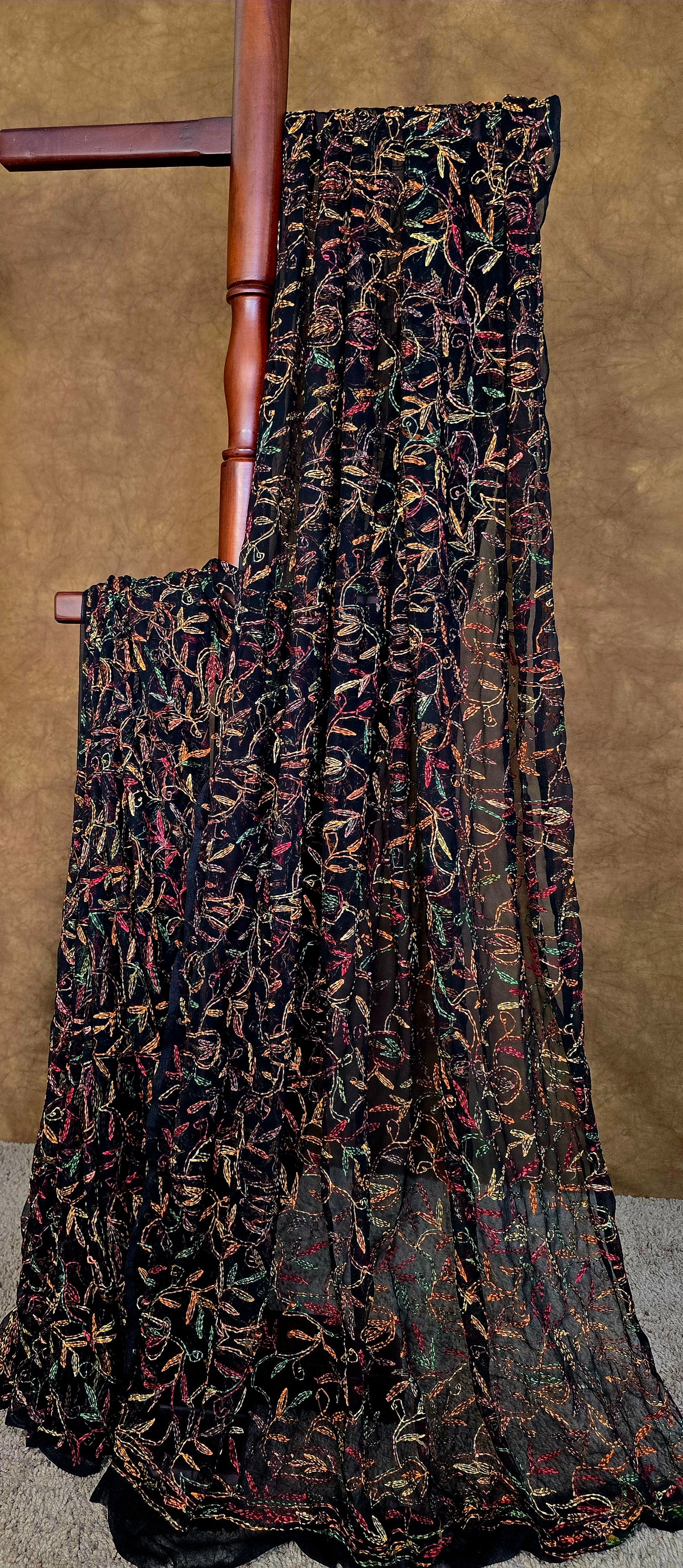 Black Beauty Tepchi Chikankari Saree with Multi-Colour Hand Embroidery