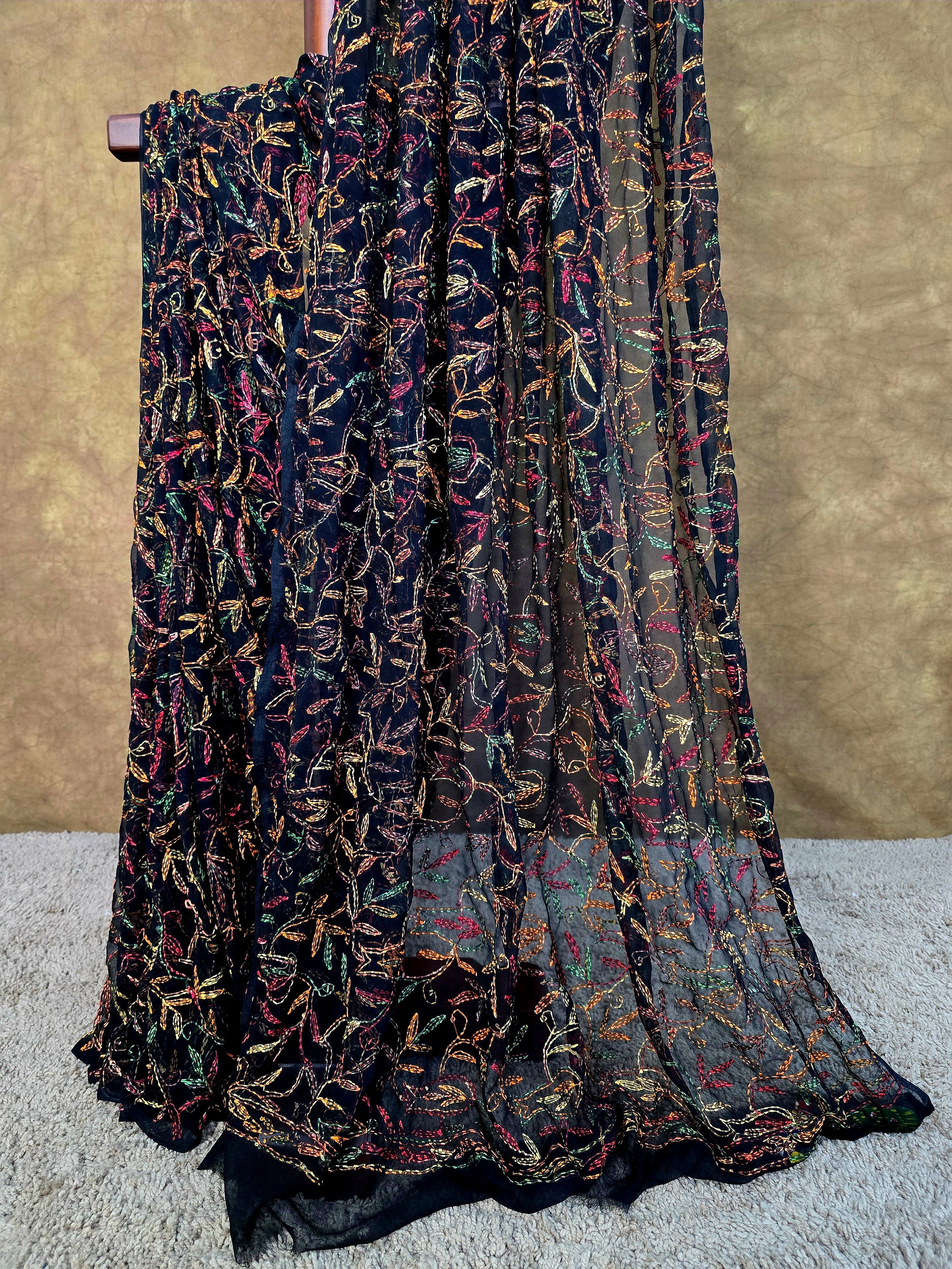 Black Beauty Tepchi Chikankari Saree with Multi-Colour Hand Embroidery