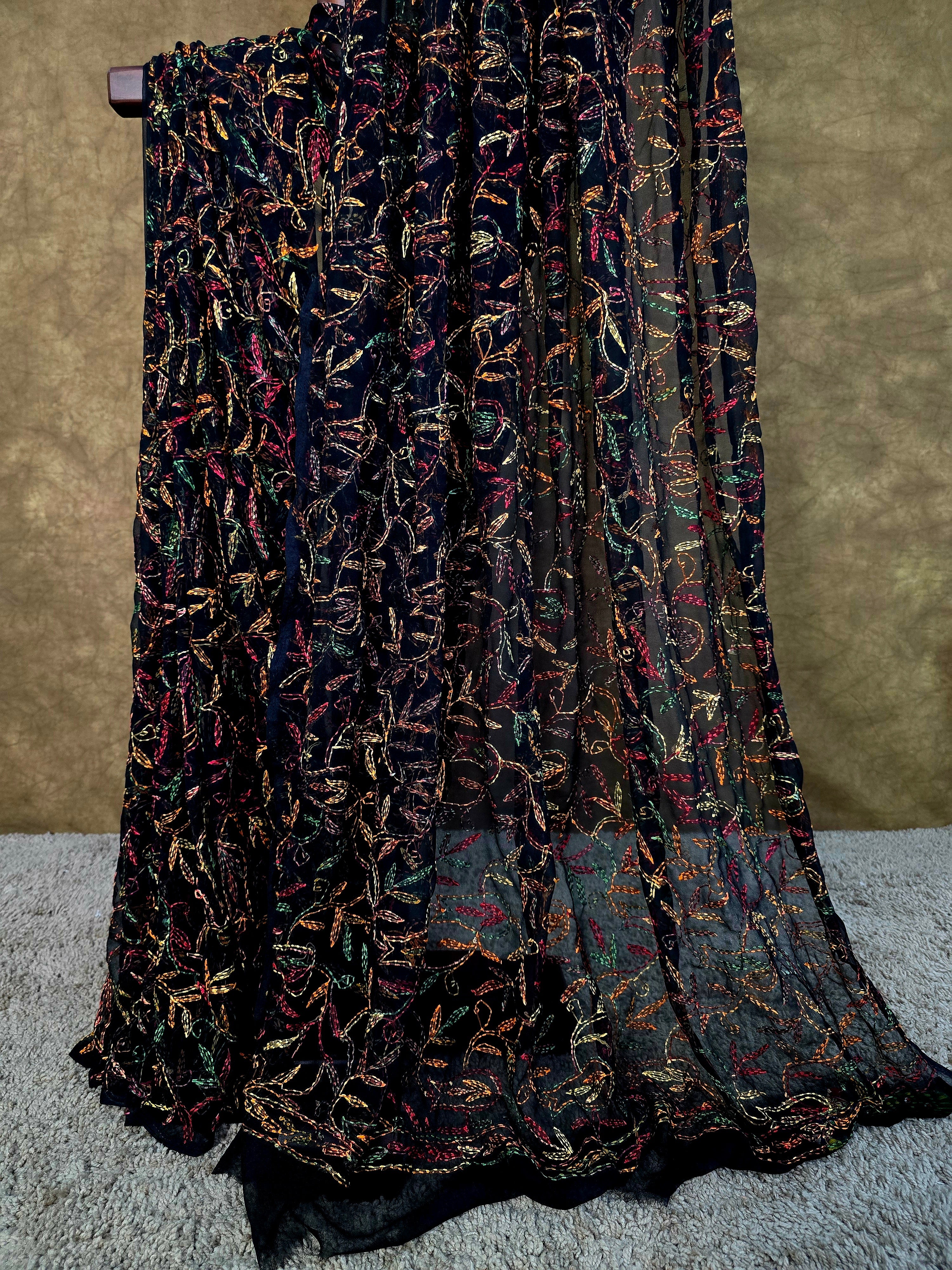 Black Beauty Tepchi Chikankari Saree with Multi-Colour Hand Embroidery