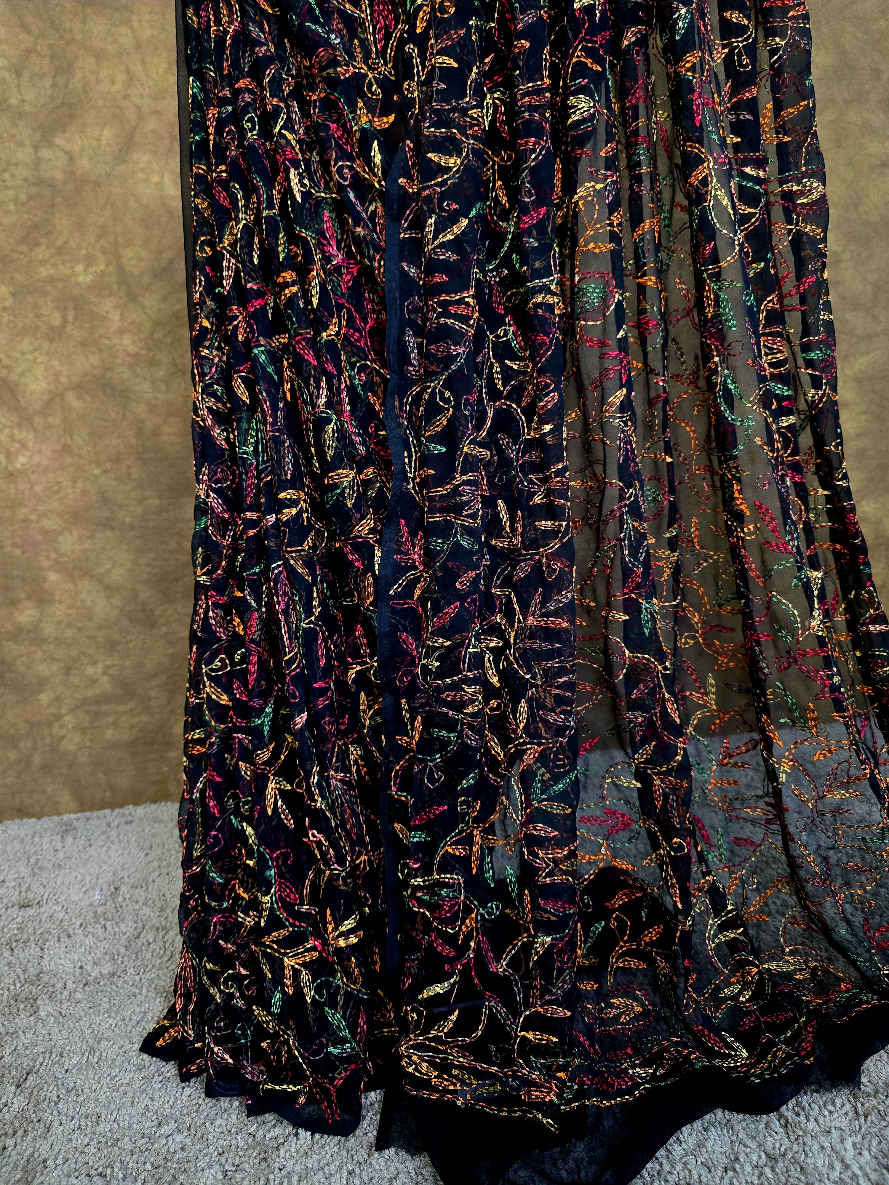 Black Beauty Tepchi Chikankari Saree with Multi-Colour Hand Embroidery